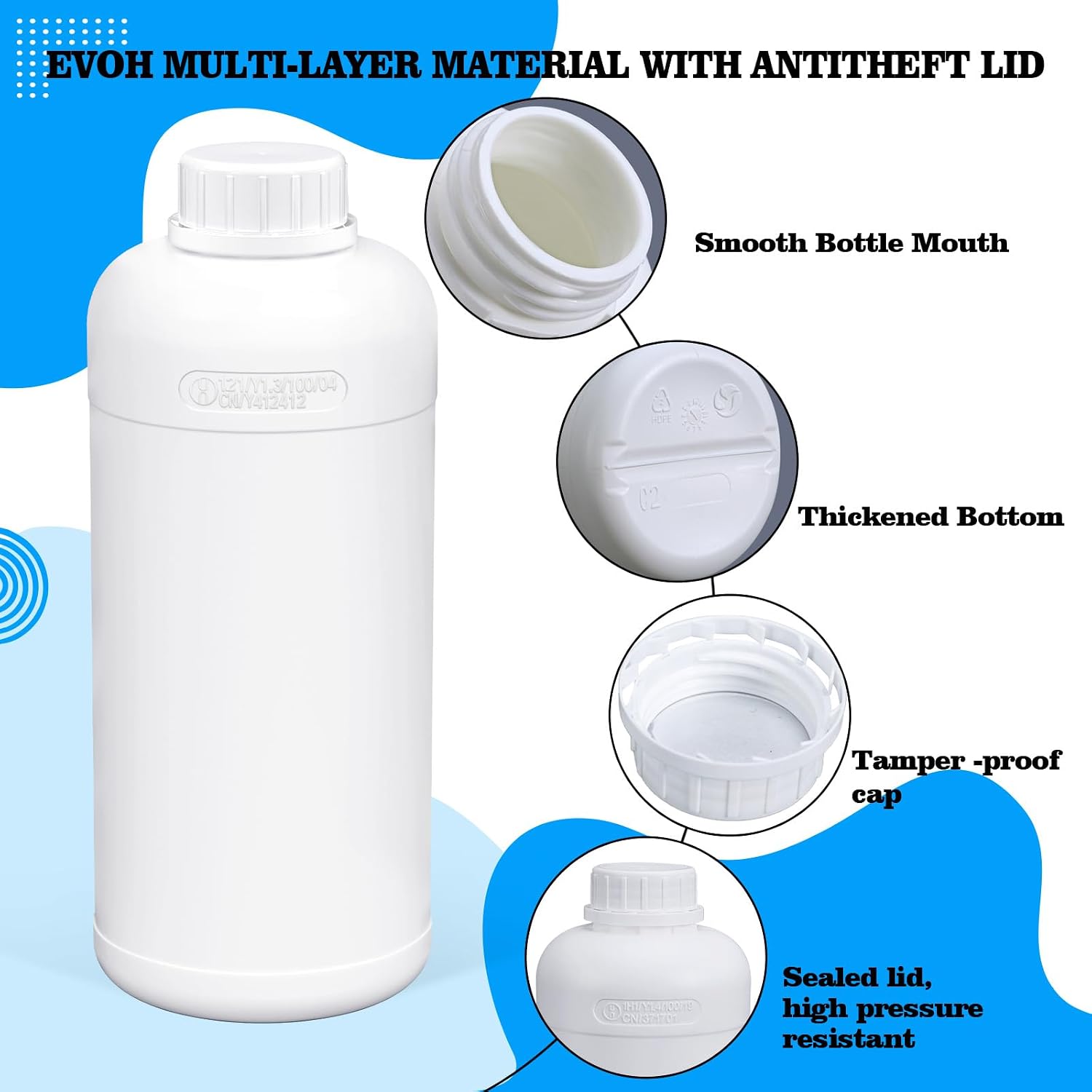 2 Pack 34 Oz / 1000 ML Fluorinated HDPE Chemical Storage Bottles with Screw Caps, White Wide Mouth Lab Reagent Bottles for Industrial Liquids, Samples, Laboratory and Workshop Storage