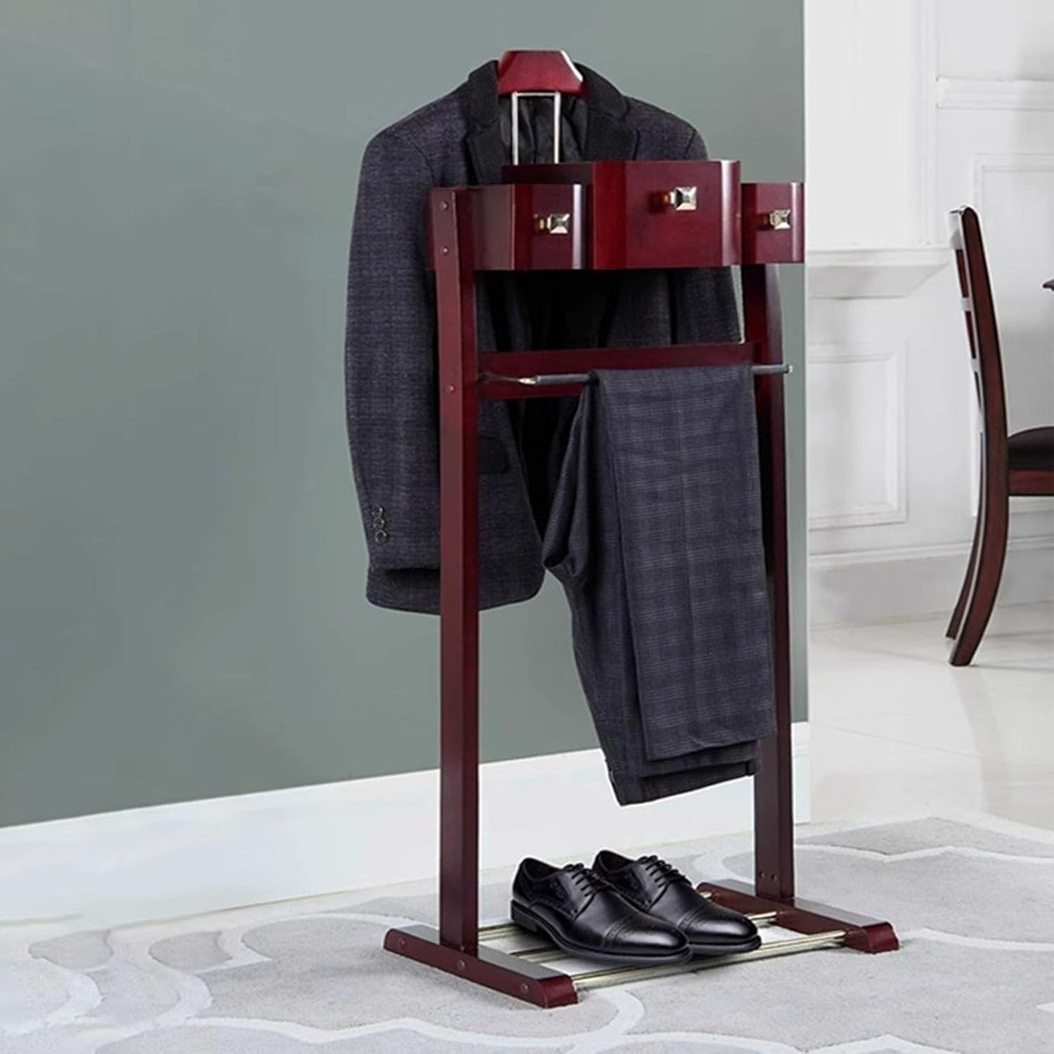 Wooden Valet Stand For Men With Storage Tray Durable Suit Rack Freestanding Clothes Hanger Strong Load Capacity Space Saving Design For Bedroom