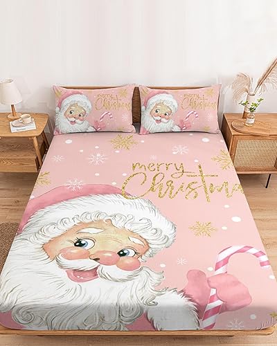 Ruian Store Juego de sábanas bajeras de tamaño Queen de 5 a 16 pulgadas de profundidad, lindo Papá Noel, suave sábana bajera de copo de nieve y