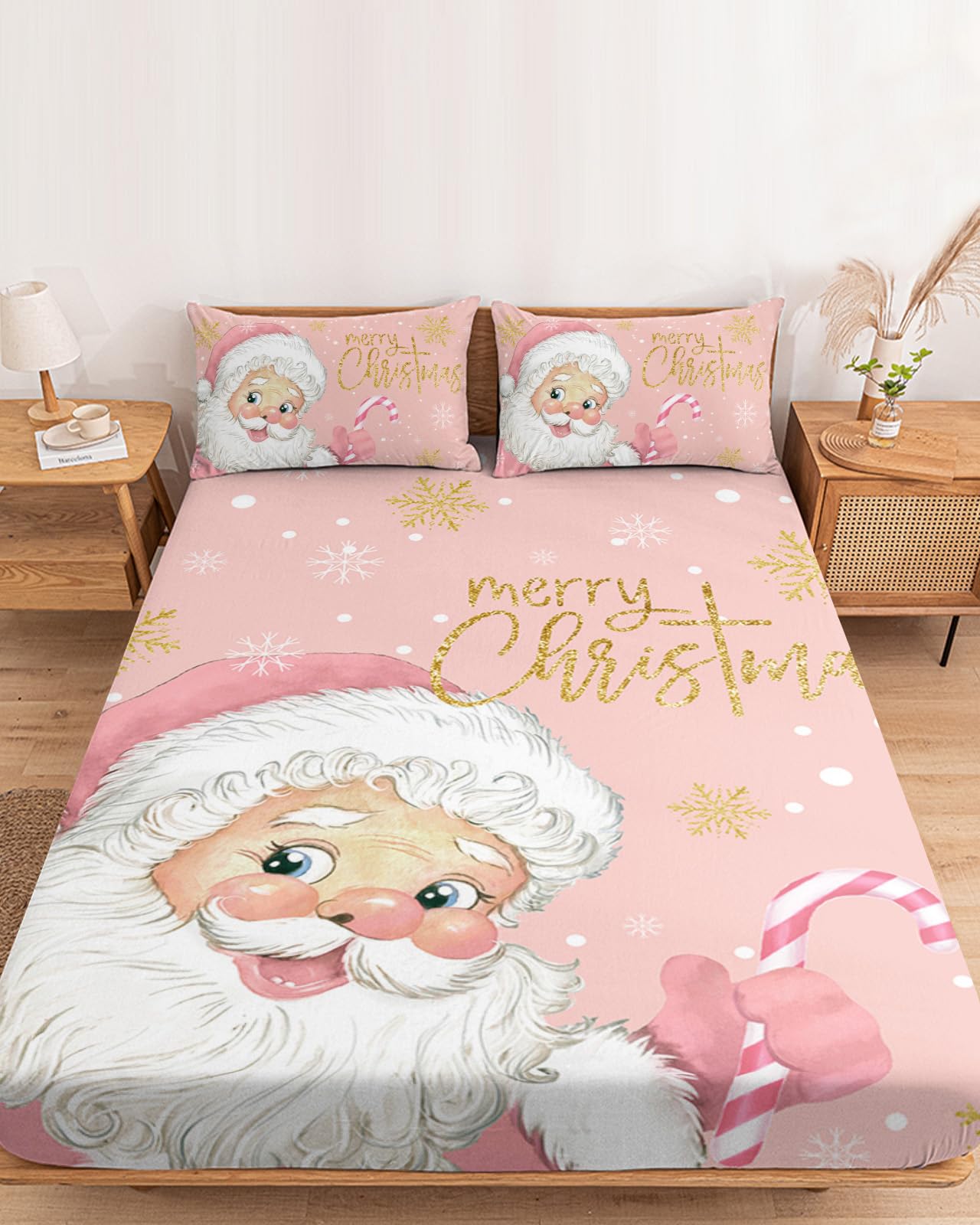 Ruian StoreBedding Queen Size Fitted Sheets Fit 5"-16" Deep Pocket Mattress, Merry Christmas Cute Santa Claus Soft Bottom Sheet Snowflake Polka Dot on Pink Fitted Sheet Bed Set with Pillow Case
