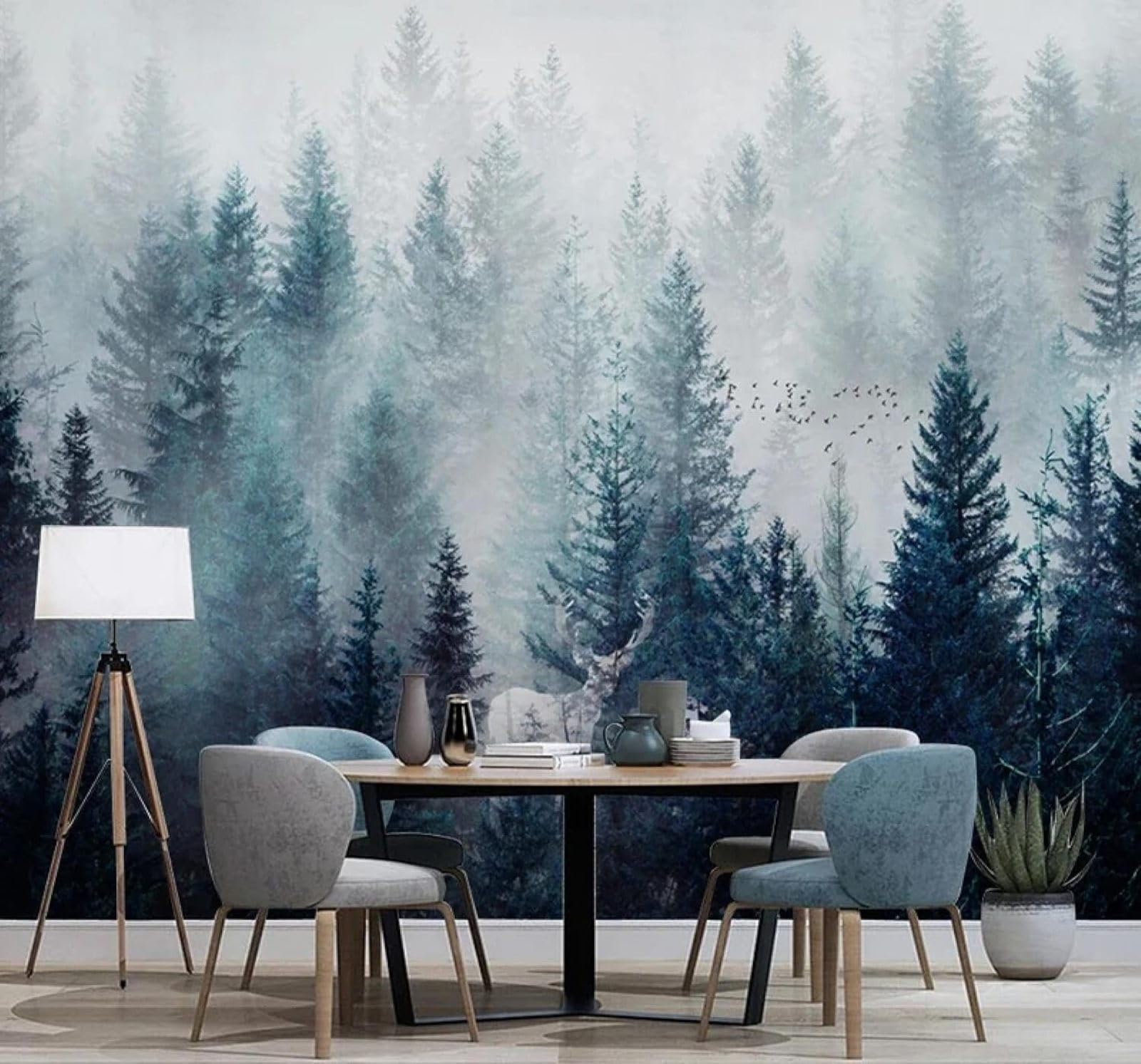 Xlming 200Cm×140Cm(B×H) Fresh Hand Drawn Pine Forest White Mist Reindeer 3D Wallpaper Luxury Silk Study Dining Feature Sofa Grey Bedroom Living Room Tv Decorative Wall-200Cm×140Cm