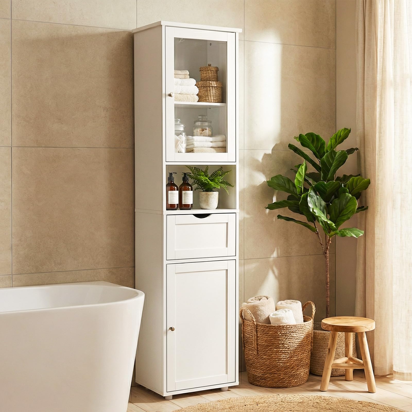 HOKEEPER Mobile alto da bagno bianco – Armadio da bagno sottile con 2 ante e scomparti aperti – Mensola da bagno indipendente & Armadio da cucina – Salvaspazio per bagno e soggiorno | Sottile salvaspazio armadietto alto armadio cucina mensola con anta per