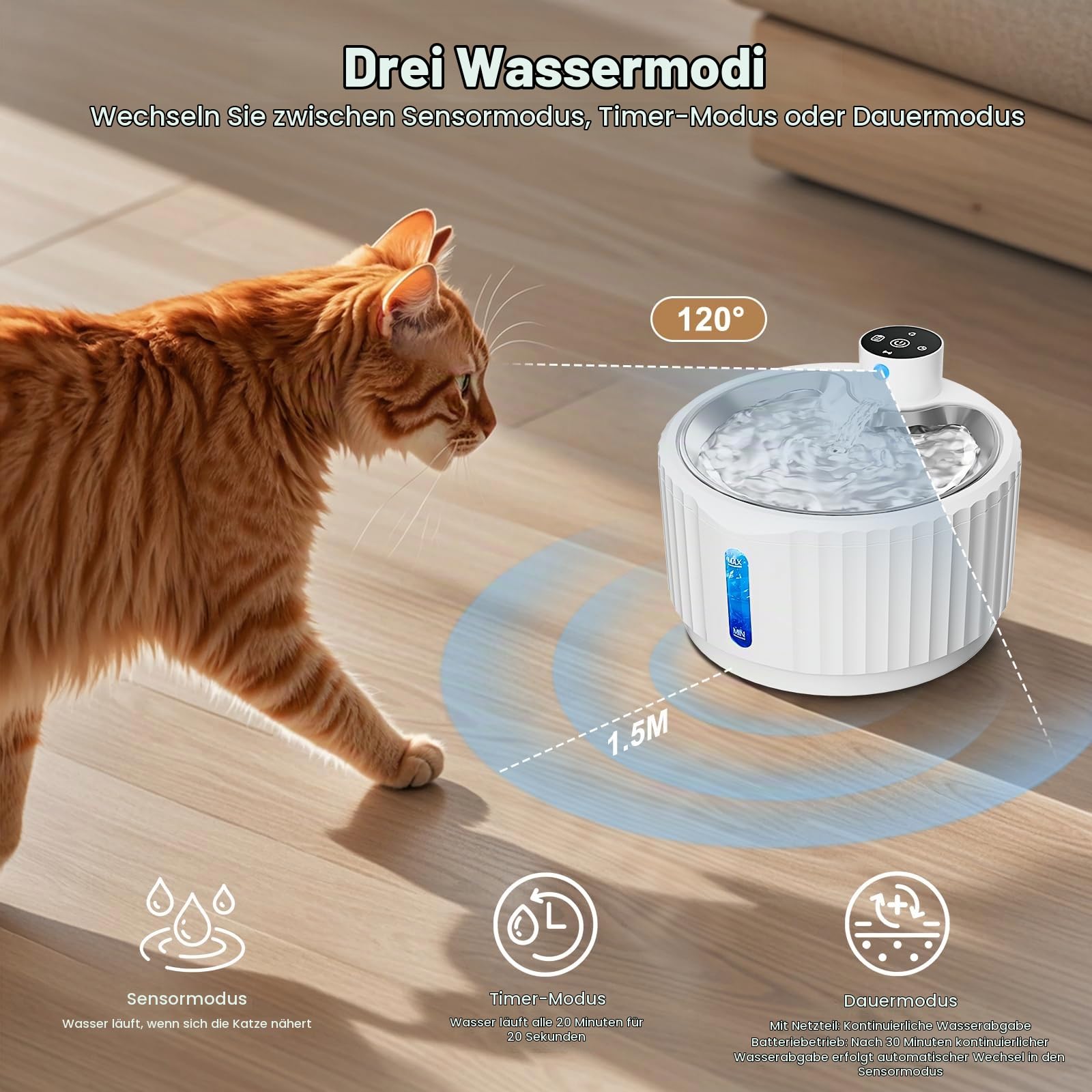 Katzenbrunnen, 2.8L Trinkbrunnen für Katze Kabellos, 4000mAh katzentrinkbrunnen mit bewegungsmelder, Wasserbrunnen mit Ersatzfiltern, Wasserspender Katzen, Leise Wasserpumpe, Tablett aus Edelstahl