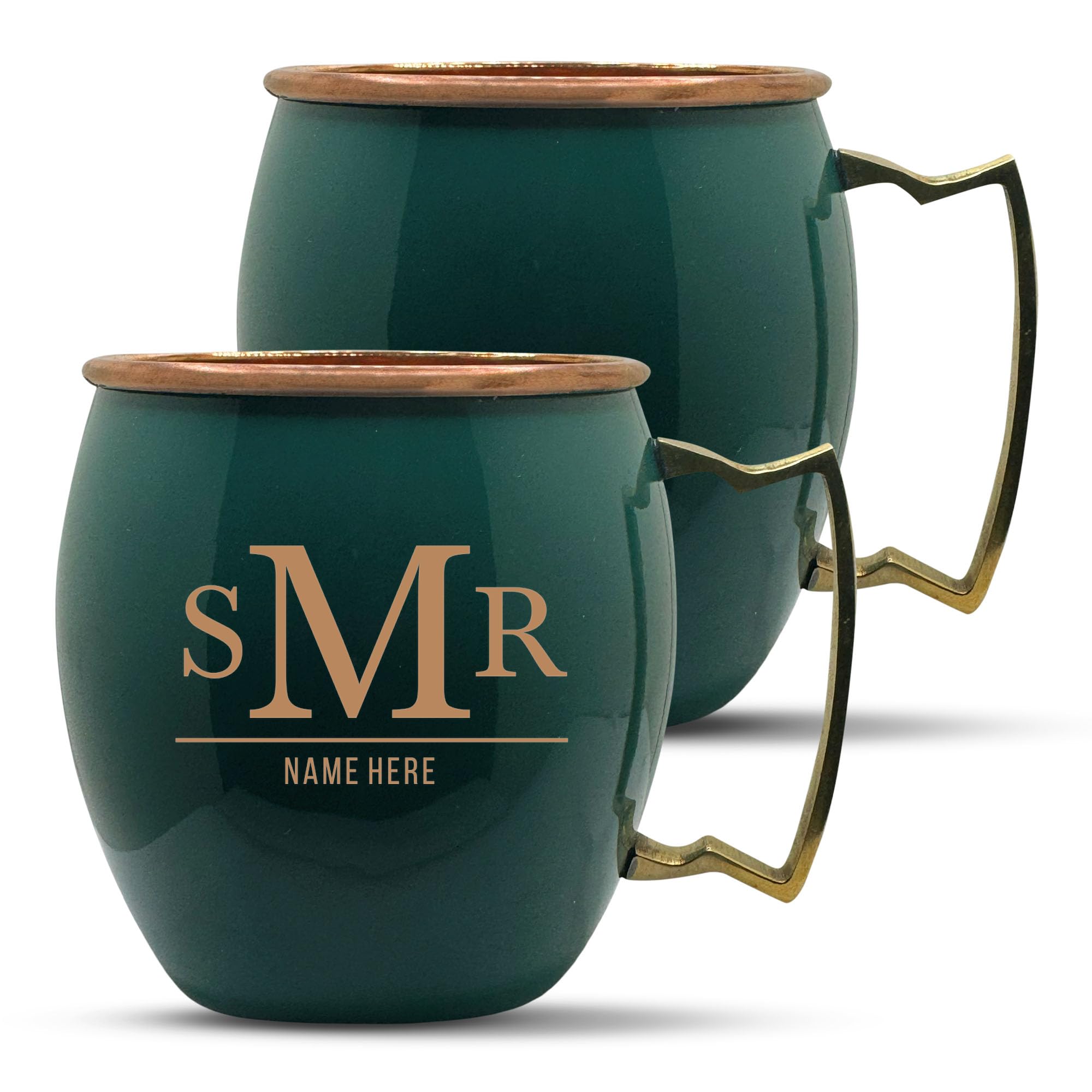 Custom Copper Moscow Mule with Smooth Painted Finish - Engraved Bar Style 100% Copper Cup with Personalized Typography 1 Monogram Themed Engraving, Brass Handle | 18 oz, Green | Set of 2