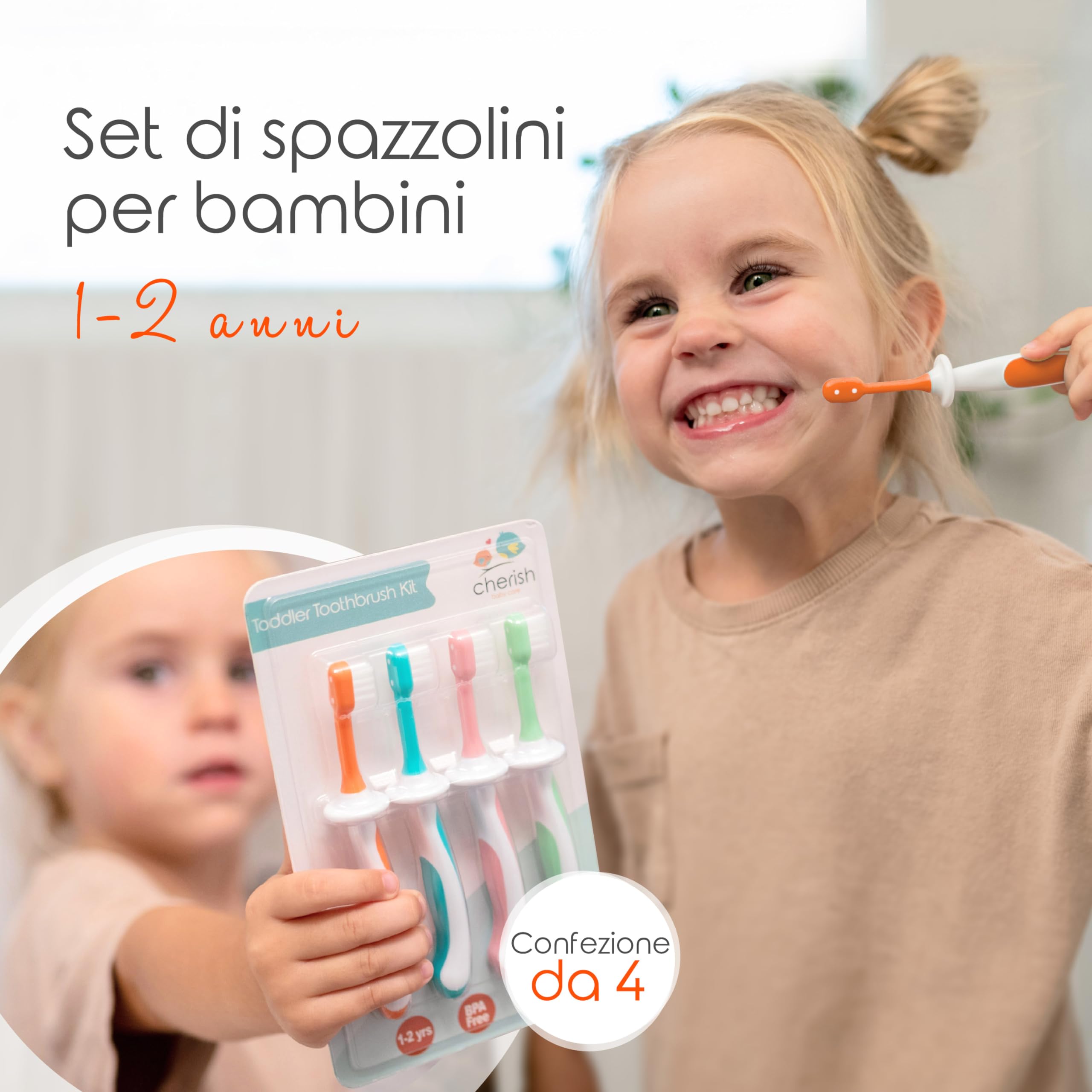 Cherish Baby Care Set di Spazzolini Bambini (4 Pezzi) - Spazzolino Bambini 1 Anno, Senza BPA, Progettato da un Dentista Pediatrico, Spazzolino Silicone Bambini, Spazzolino 1-2 Anni