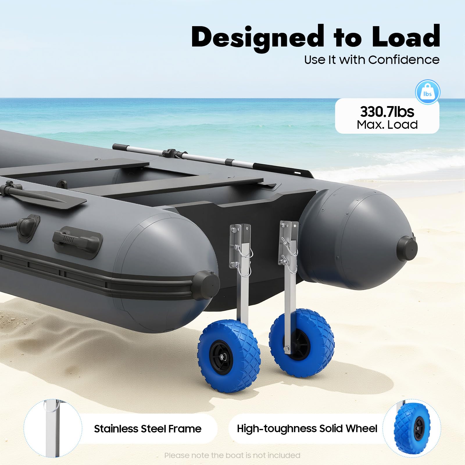 Ruote posteriori, ruote per barche gonfiabili, ruote posteriori per gommoni in acciaio inox e plastica, ruote di trasporto per gommoni, rimorchi max 150kg, blu, per gommoni, rimorchi, sport acquatici