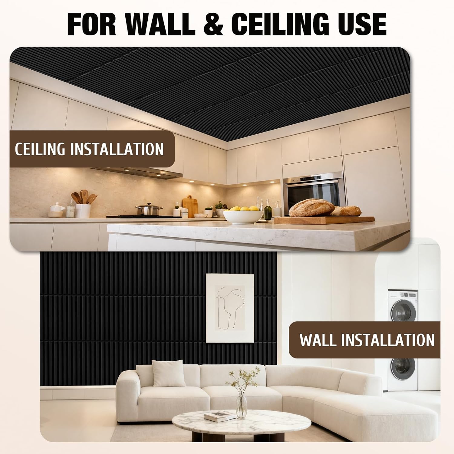 Qidejoy 12 Pcs 3D PVC Slat Wall Panels, 2x2 FT Decorative Drop Ceiling Tiles, Fluted Textured Paneling Modern Cuttable DIY Wall Art for Interior Decor, Living Room, Bedroom, Bathroom, Kitchen (Black)