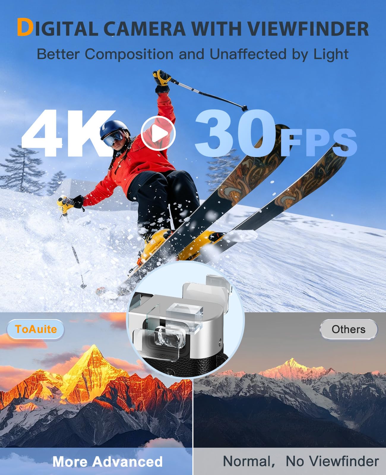 CAMKORY Fotocamera digitale 4K, 48 MP, messa a fuoco automatica con mirino ottico, zoom 16x