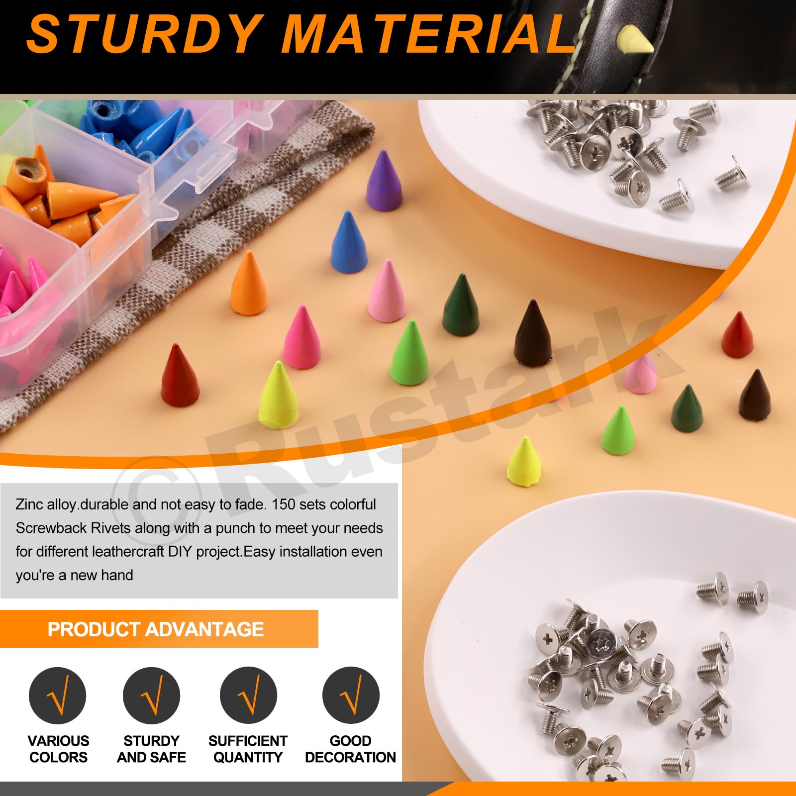 Rustark Set Di 150 Borchie Colorate A Cono Con 2 Strumenti Di