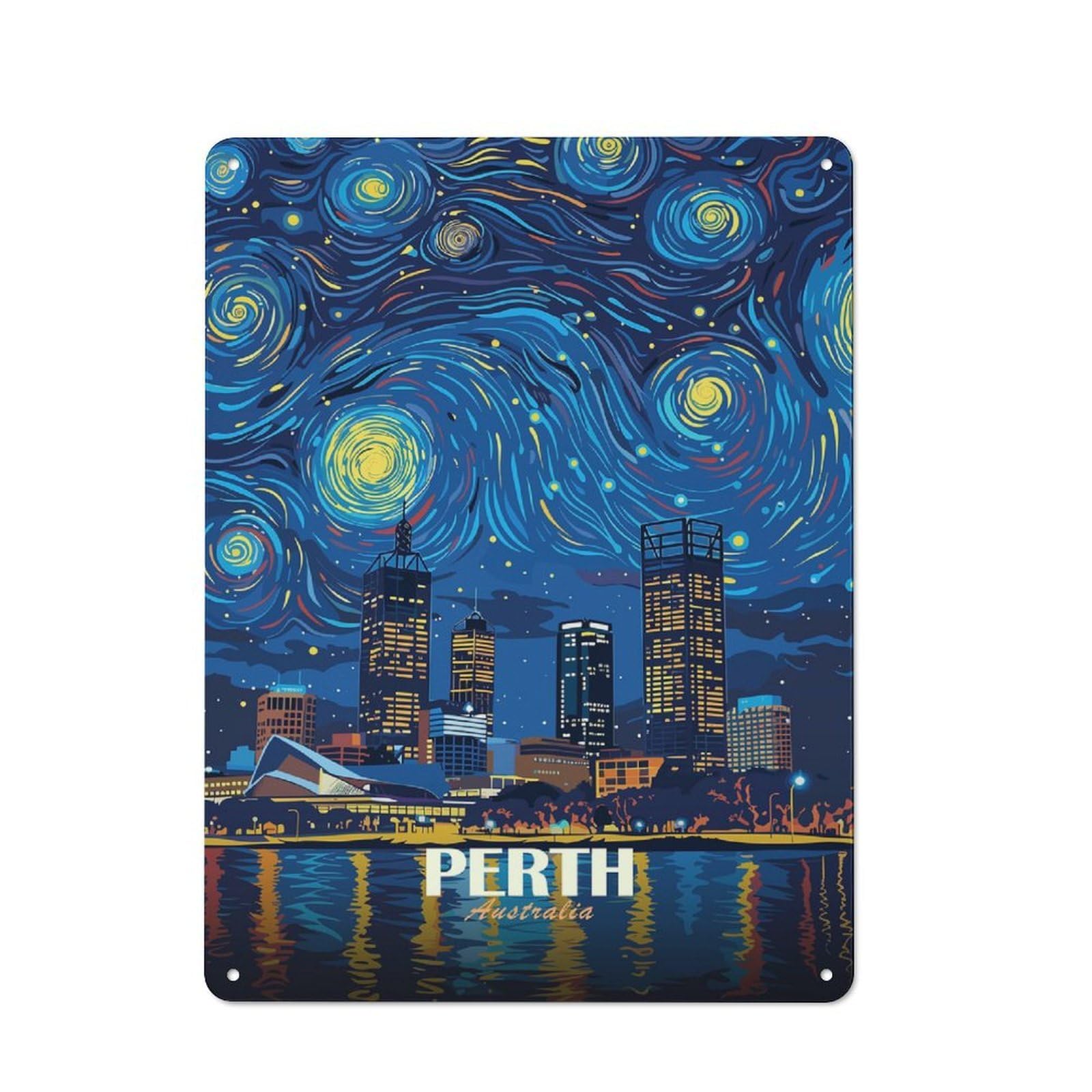 Junmoney Style Rustic Metal Sign 40X30cm Featuring Perth Australia Starry Night Cityscape For Hallway Wall, A Decorative Gift For A Newly Furnished Hallway