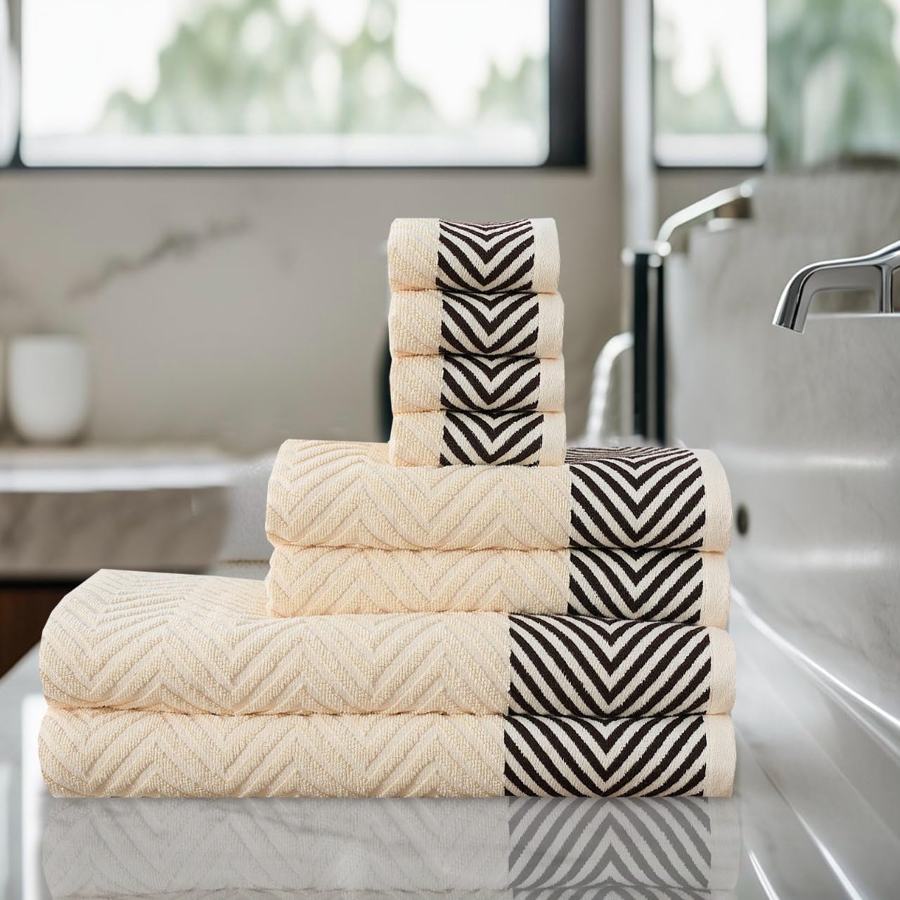 Northern Luxe 8 Piece Towel Bale Set - 600 GSM Egyptian Cotton, Ultra Soft, Absorbent & Durable Terry Towels for Face, Hand & Bath Towel (Zig Zag Cream, Bale of 8)