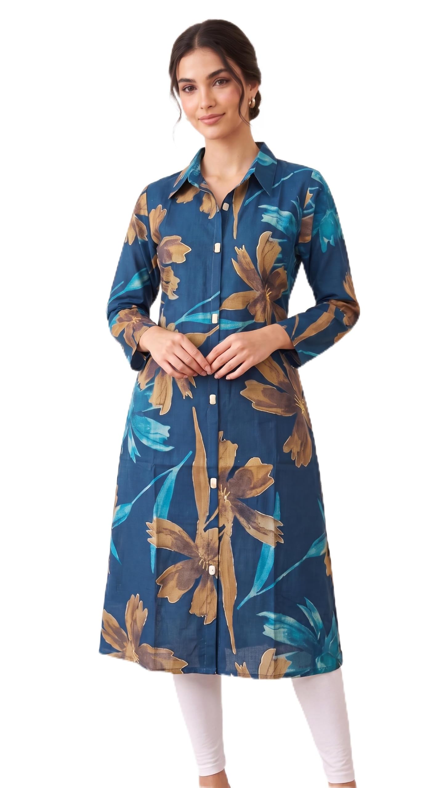 Women's Floral Print Shirt Kurti in Teal Blue-picture-58