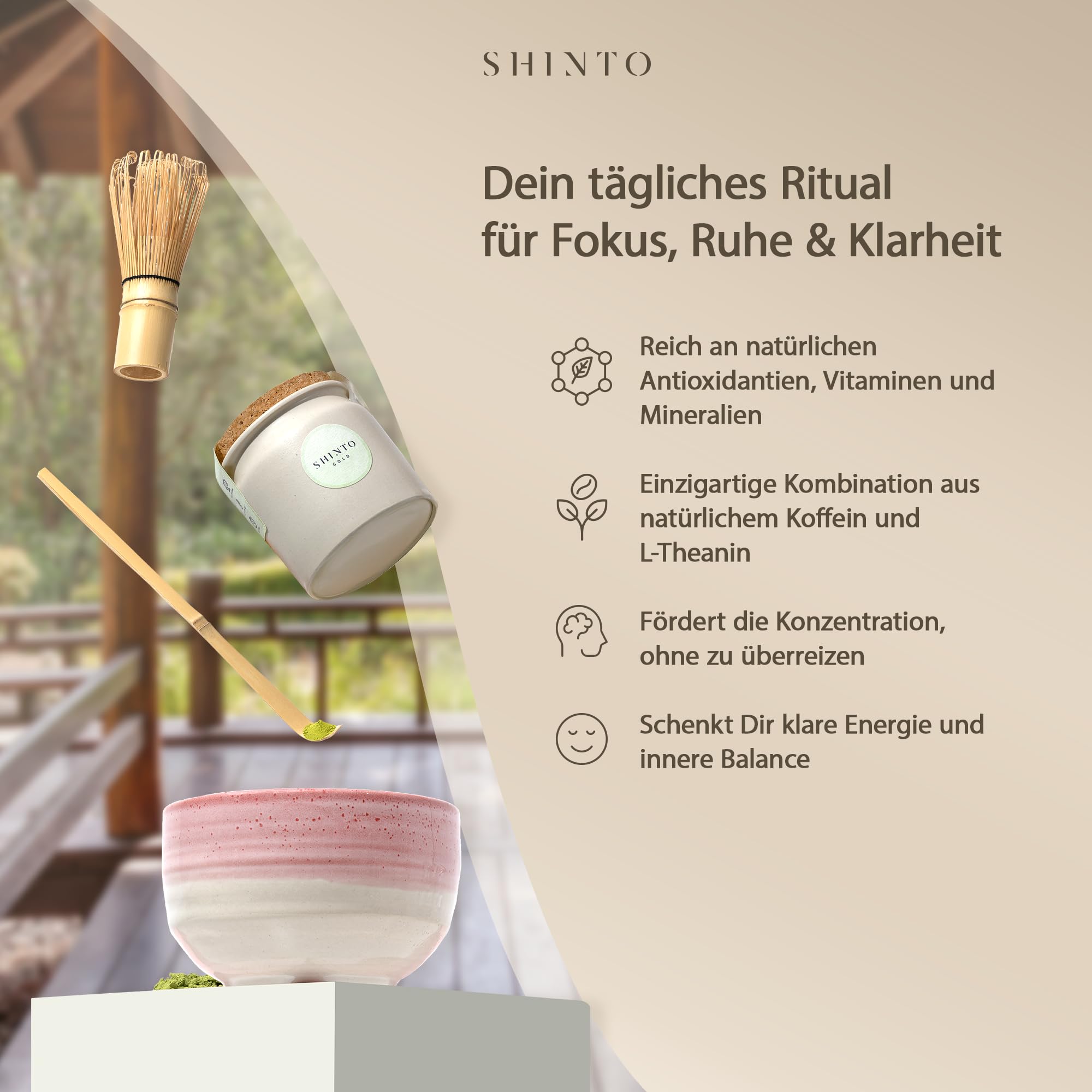 Matcha Tee Set Shinto® Gold - Super Premium Bio Matcha Tee - beschattet & handgepflückt aus Uji Japan inkl. handgefertigter Schale, Besen & Löffel für die traditionelle japanische Teezeremonie