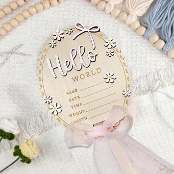 Baby Announcement Sign 5.9 Inch Wooden Hello World Newborn Engraved Sign with Pad Ribbon Bow for for Newborn Photoshoot, Baby Shower, Rustic Keepsake Birth Stat Sign for Hospital Birth Announcement (Butterfly Style)