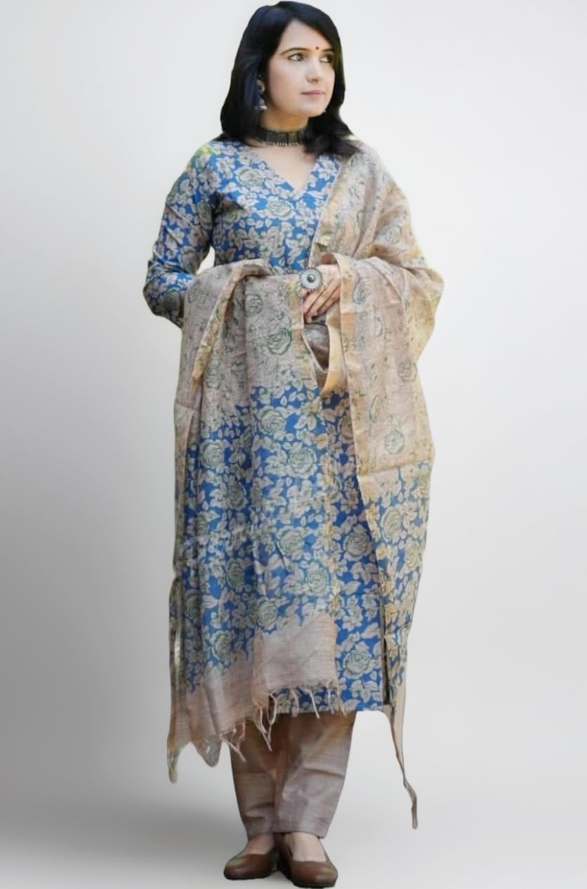 Women's Cotton Blend Printed Straight Kurta with Pant & Dupatta