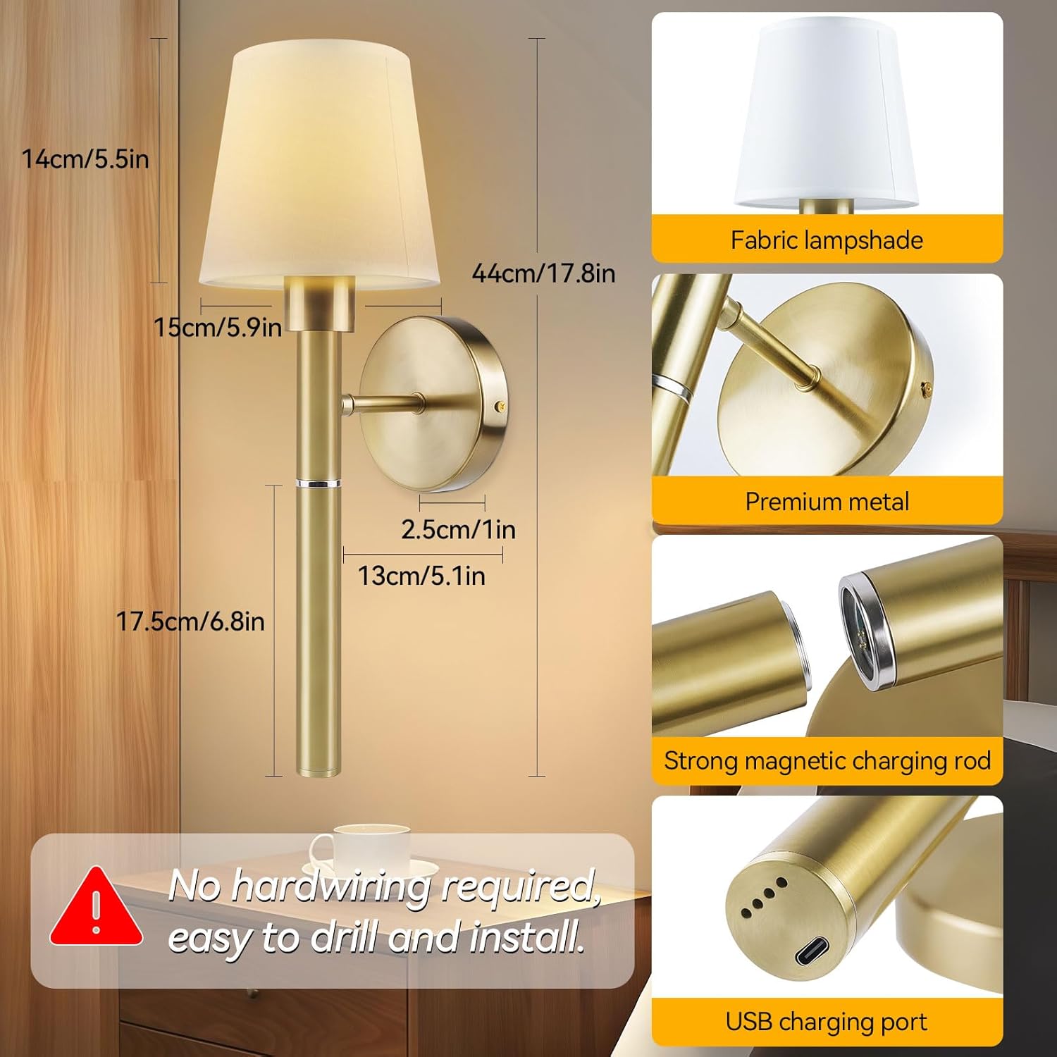 Neddie Battery Operated Wall Sconce Set of 2,Gold Rechargeable Wall Sconce,3 Dimmable Light Bulbs with Remote Control – 12-Color Wireless Wall Sconces, Ideal for Bedrooms, Living Rooms& Hallways