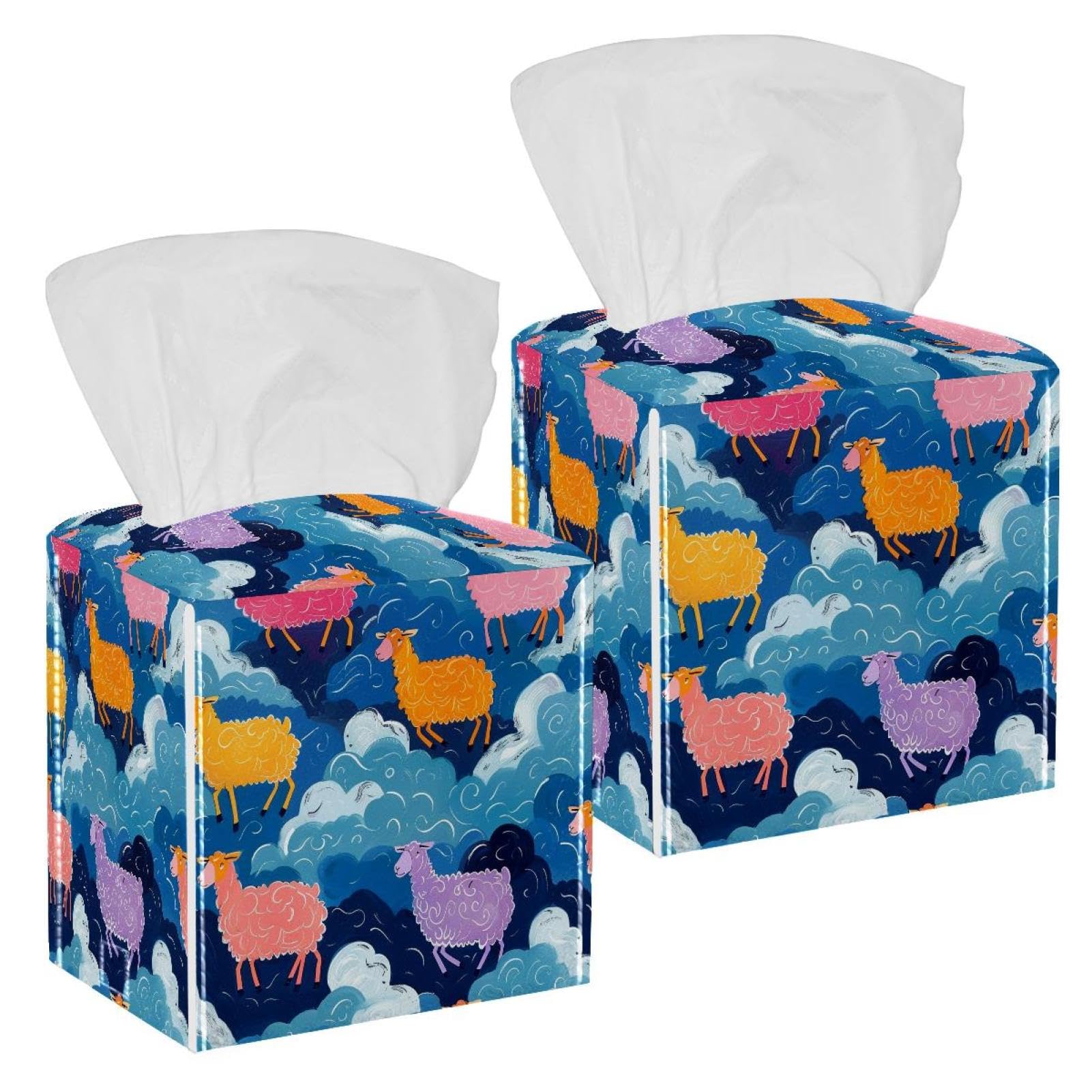 Colorful Cloud Sheep Tissue Box Cover, 2 Pack PU Leather Square Facial Tissue Dispenser Box holder for Home Office Car