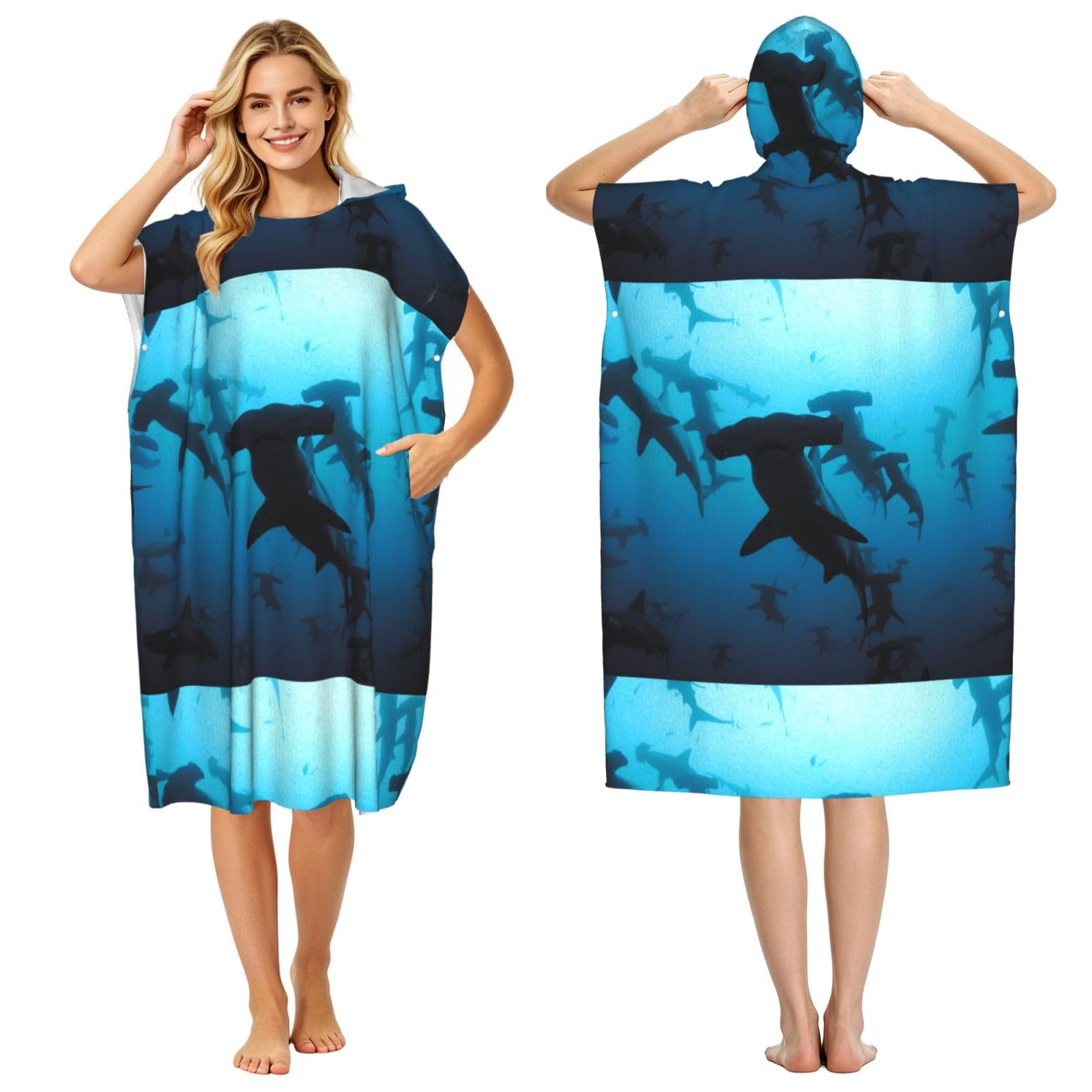 Poadnly Hammerhead Sharks Printed, Adult Hooded Beach Towel 90 x 110 cm,Changing Bath Robe, Surf Poncho Towel For Women Men