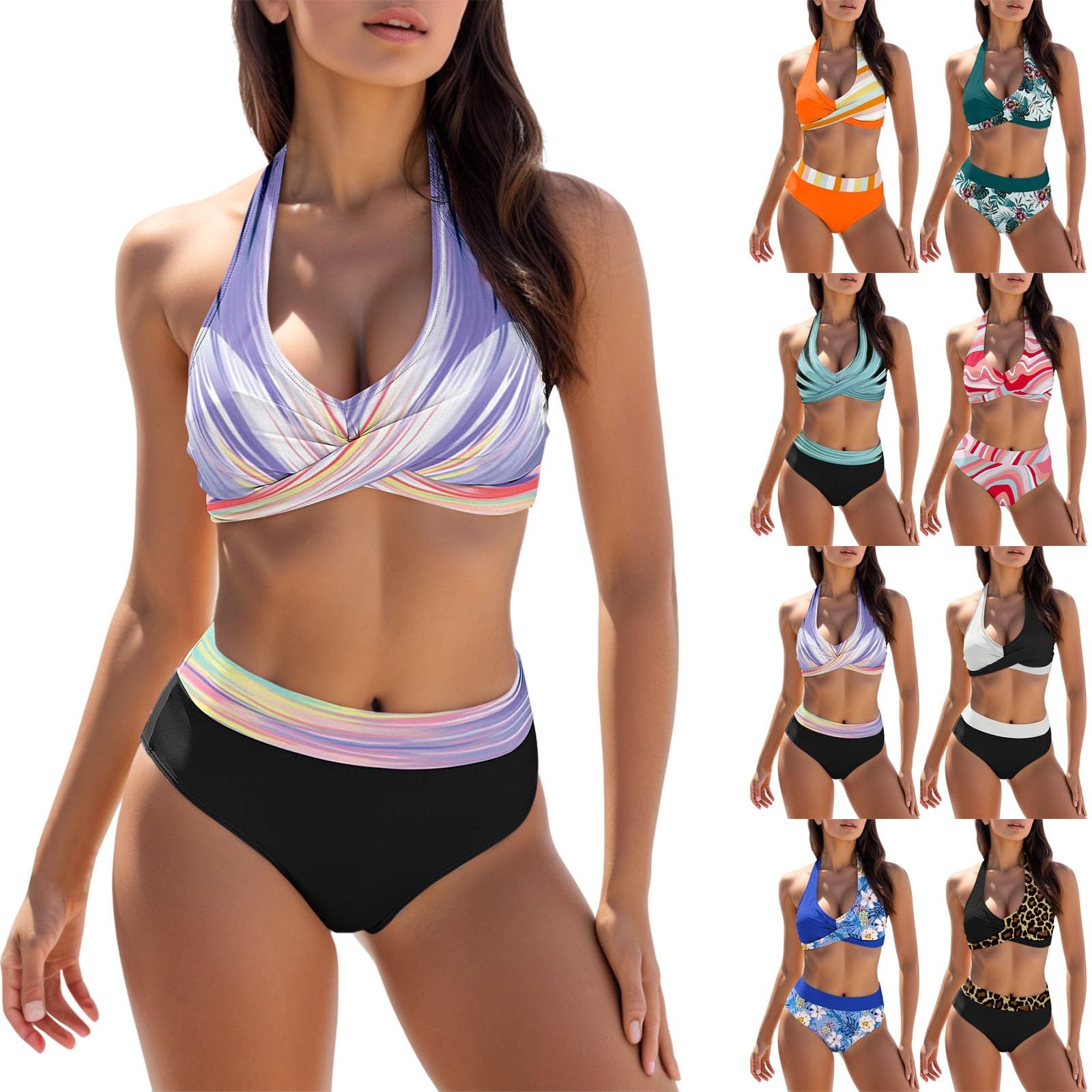 Maillot De Bain 2 Pièces Femme Taille Haute - Imprimé Hawaïen, Push-Up Rembourré, Gainant Ventre Plat - Pour Plage, Piscine