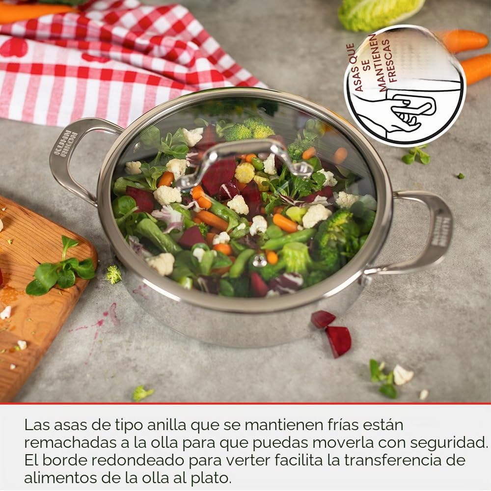 Kuhn Rikon Cacerola Allround 3L/24cm con revestimiento, Asas Frias, Tapa de cristal con Salida de Vapor, Olla de Acero inoxidable 18/10 con Triple Capa de Antiadherente, Apta para Inducción