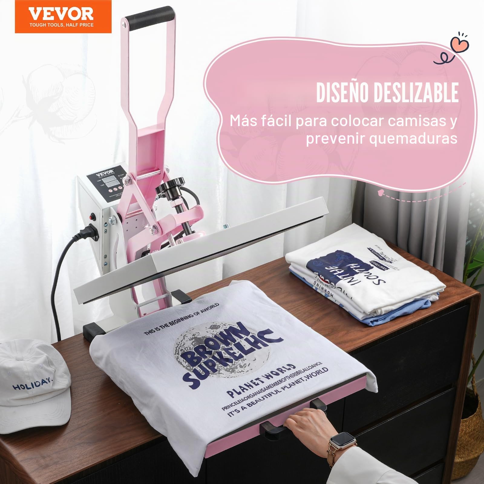 VEVOR Prensa Térmica Deslizable Máquina de Prensa Térmica Digital de 380 x 380 mm con Algodón Aislante de 2 Capas Máquina de Transferencia de Calor para Camisetas, Tazas, Almohadas y Bolsas, Rosa