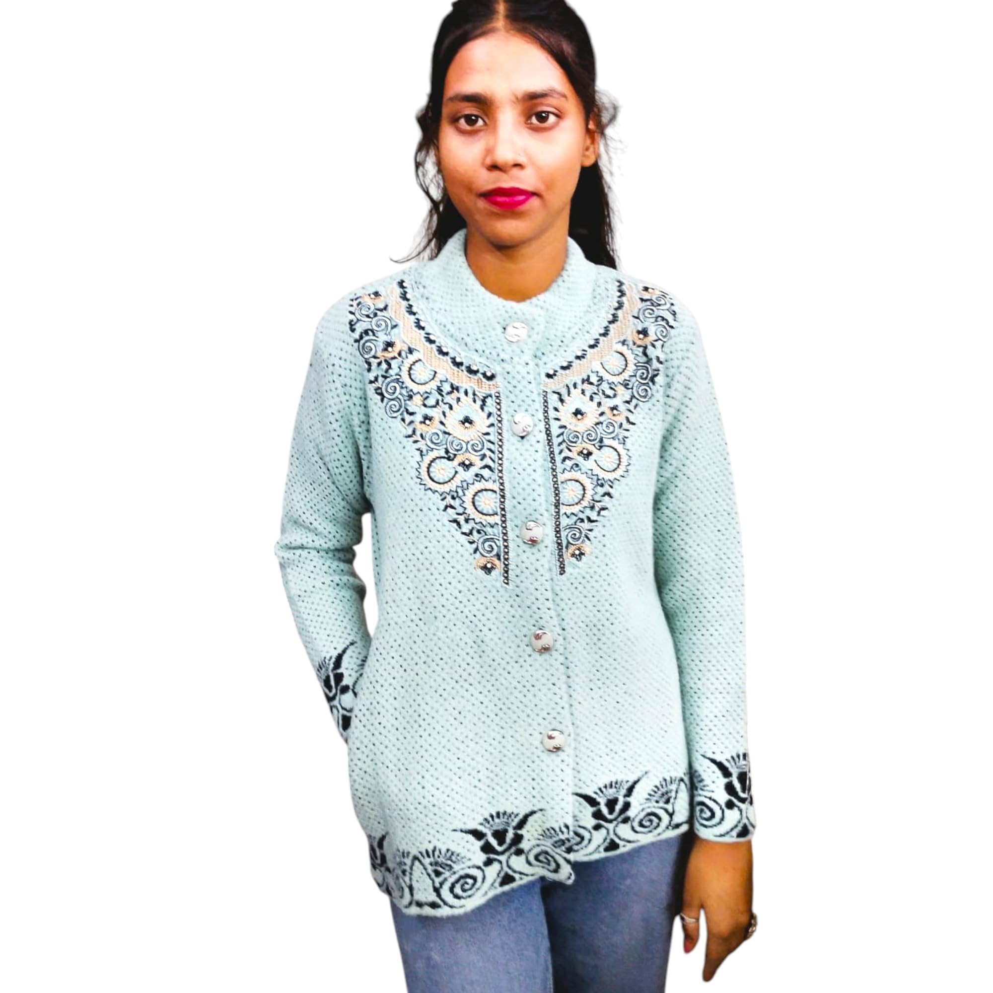 Women's Mint Green Knitted Cardigan with Floral Embroidery, Button Front, Long Sleeves-picture-25