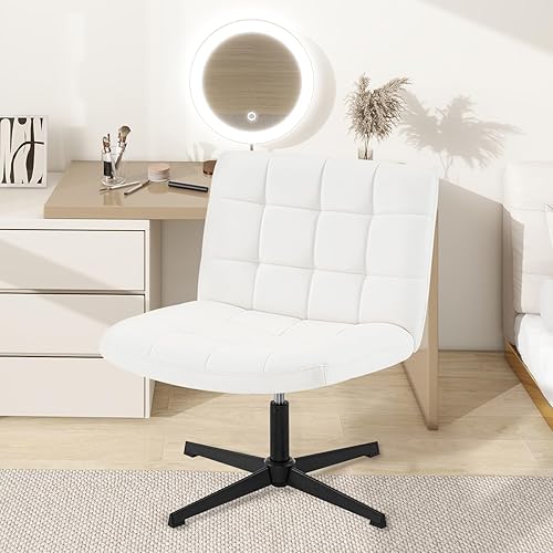 Miniatura 5 de Furnimart Silla de escritorio ancha sin brazos sin ruedas, silla giratoria cruzada con respaldo medio para oficina en casa, asiento ancho ajustable