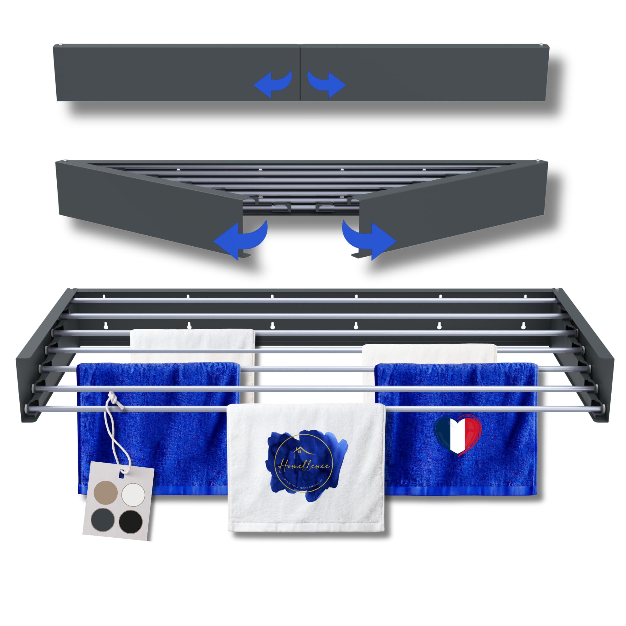 Homellence Étendoir à linge mural élégant - Étendoir mural pliant et rétractable - Étendoir mural escamotable gain de place - Étendoir mural rétractable (120 cm, Anthracite)