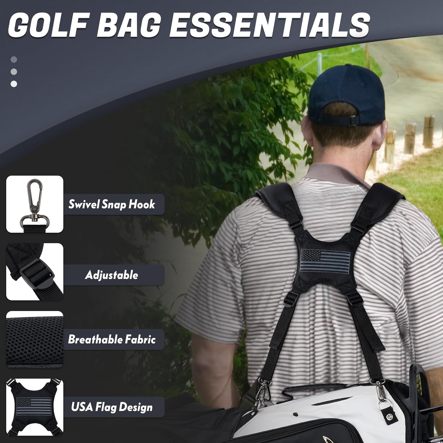 Golf Bag Straps, Universal Replacement Double Shoulder Shoulder Straps, Sailcloth Golf Bag Carry Strap USA Flag