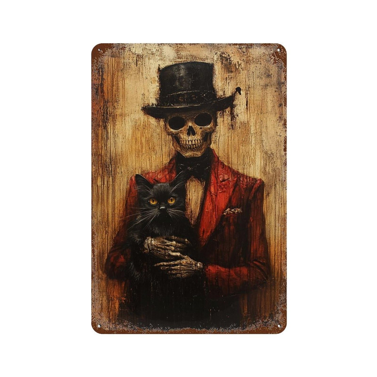 Skull in Top Hat with Cat Rust Effect Tin Sign 11.8"x7.9", Industrial Home Decor for Garage, Pub Or Kitchen
