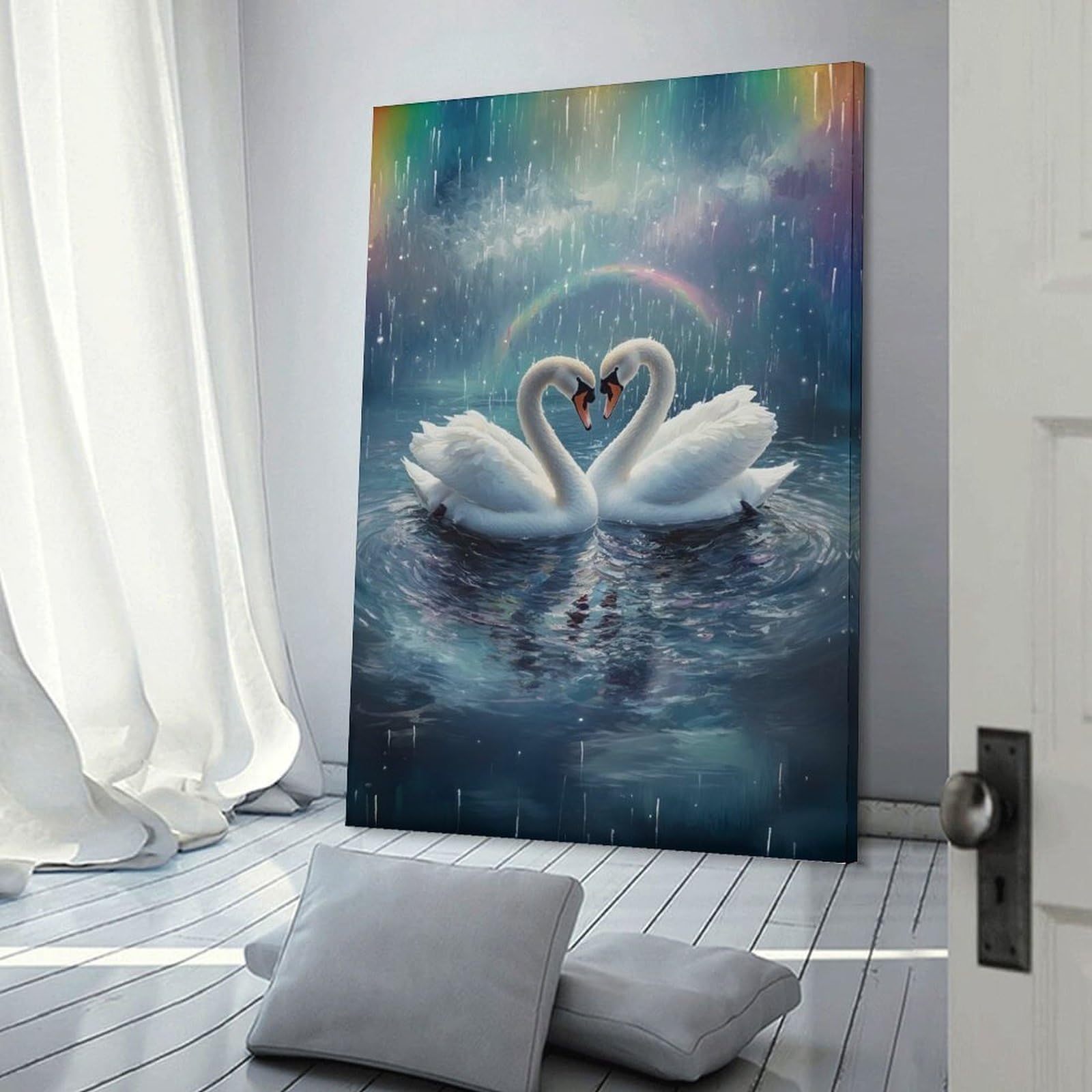 Junmoney Frame-Style-24 Decorative Wall Artwork Swans In Love Under Rainbow Rain, 24X36inch(60X90cm), For New Homes, Bedrooms Or Workspaces, Canvas Artwork With Gifting Potential