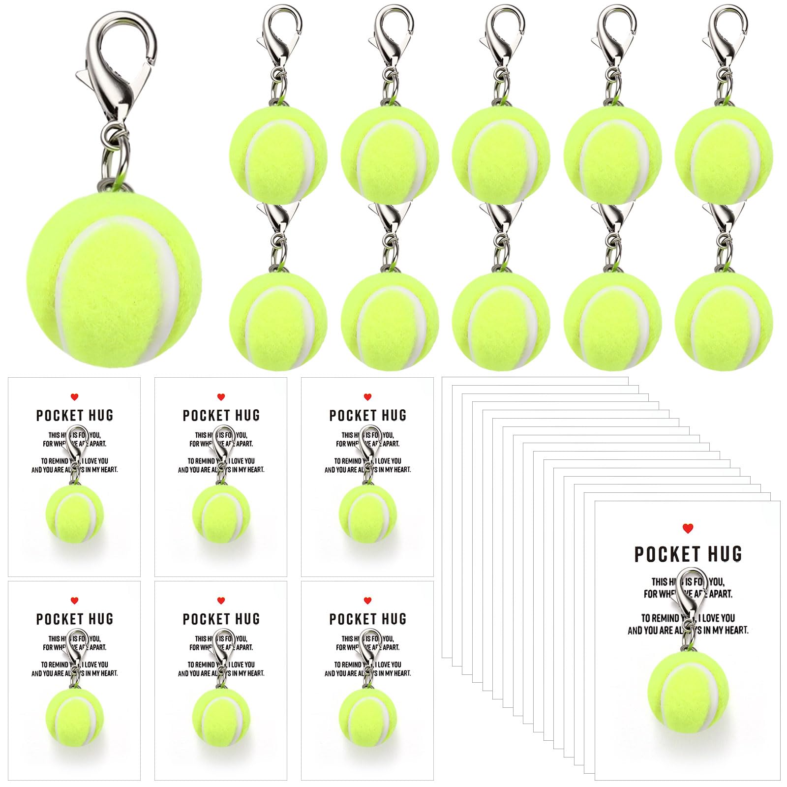Wonderjune 20 Sets Tennis Ball Keychains Key Ring with Pocket Hug Cards Mini Tennis Racket Keychain for Party Favors Sports Lover Team Coworker Birthday Gifts Bags