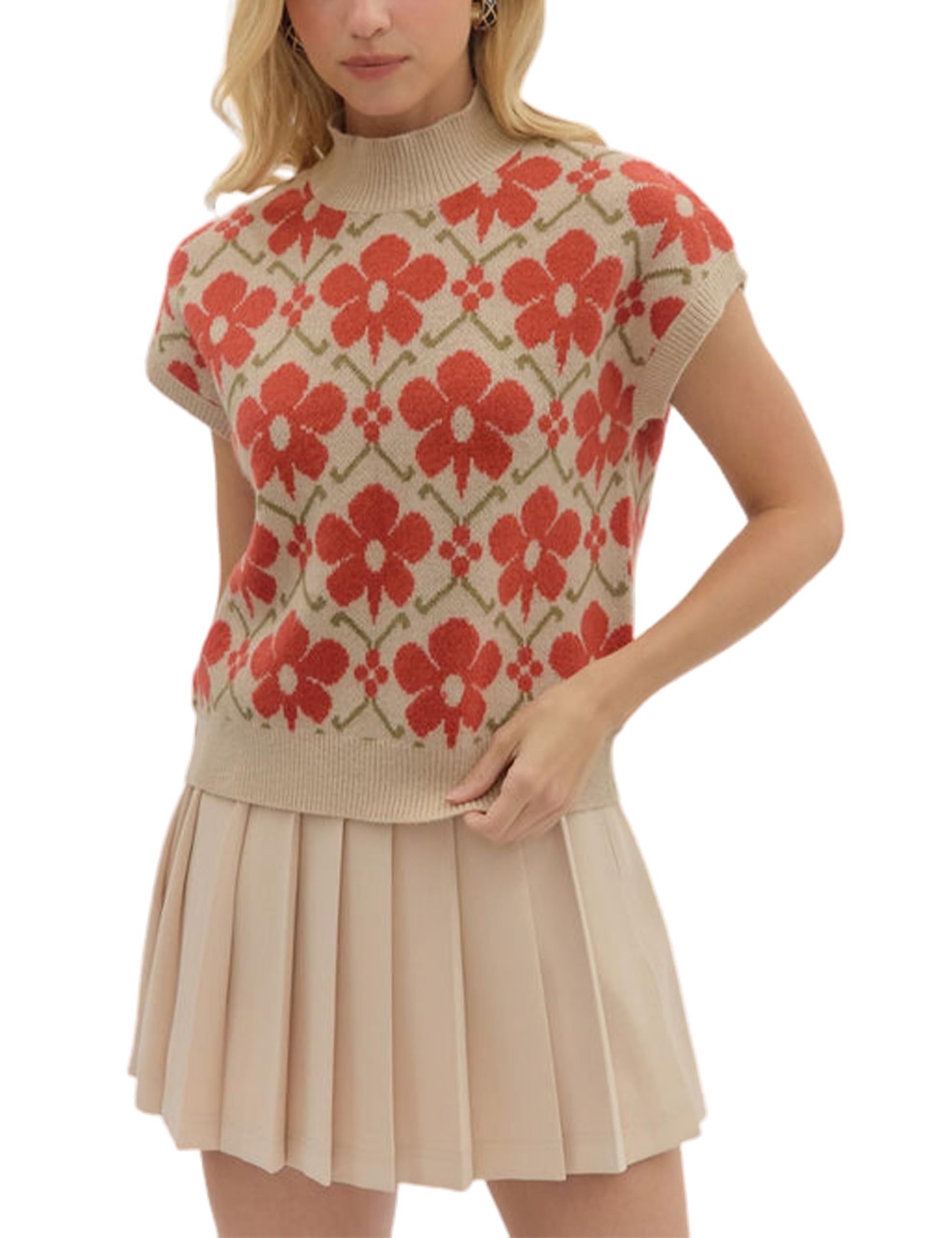 APAFES Womens Floral Pullover Sweaters Mock Neck Cap Sleeve Vest Tops Cute Casual Knit Shirts