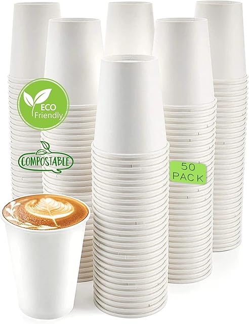 Paper Coffee Cups - 50-Pack Strong Disposable Coffee & Tea Cups (8oz) Recyclable Hot/Cold Drink Cups - Lightweight Coffee, Chocolate, Elegant Paper Cups for Party, Camping, Picnic, Travel (50 White)