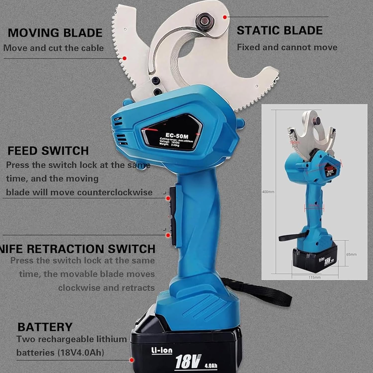 Cordless Cable Cutter Hydraulic Cable Cutter, Ratchet Cable Cutters Electrical, Wire Cutter with Lithium Battery and Durable Carrying Cases, for 50mm -75mm Copper Al Cables Armored Cables