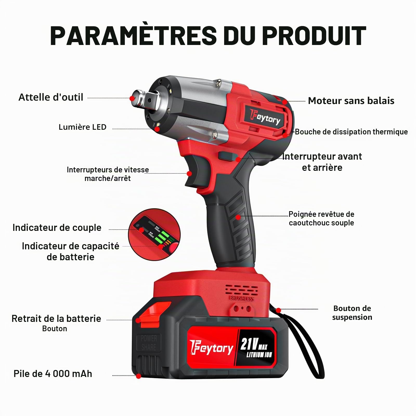 Clé à chocs sans fil, pistolet à chocs électrique sans balais 1/2 pouce, clé électrique 2500 tr/min, couple maximum de 550 N.m avec 4 prises, 12 embouts de tournevis, batterie 4.0