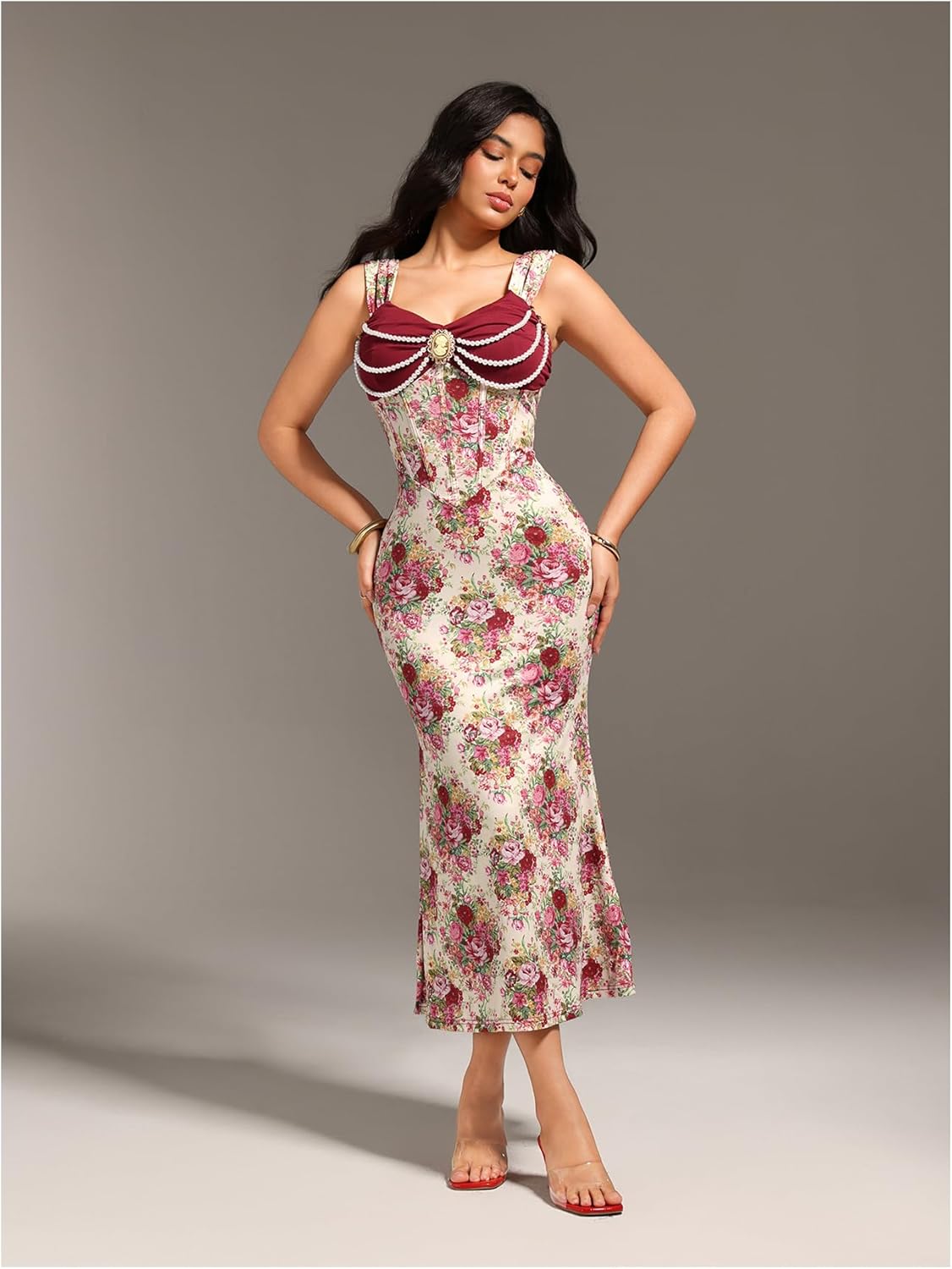 GORGLITTER Women's Lace Floral Tea Party Vintage Maxi Dress Summer Graduation Cocktail Wedding Guest Fishtail Sundress - Image 3