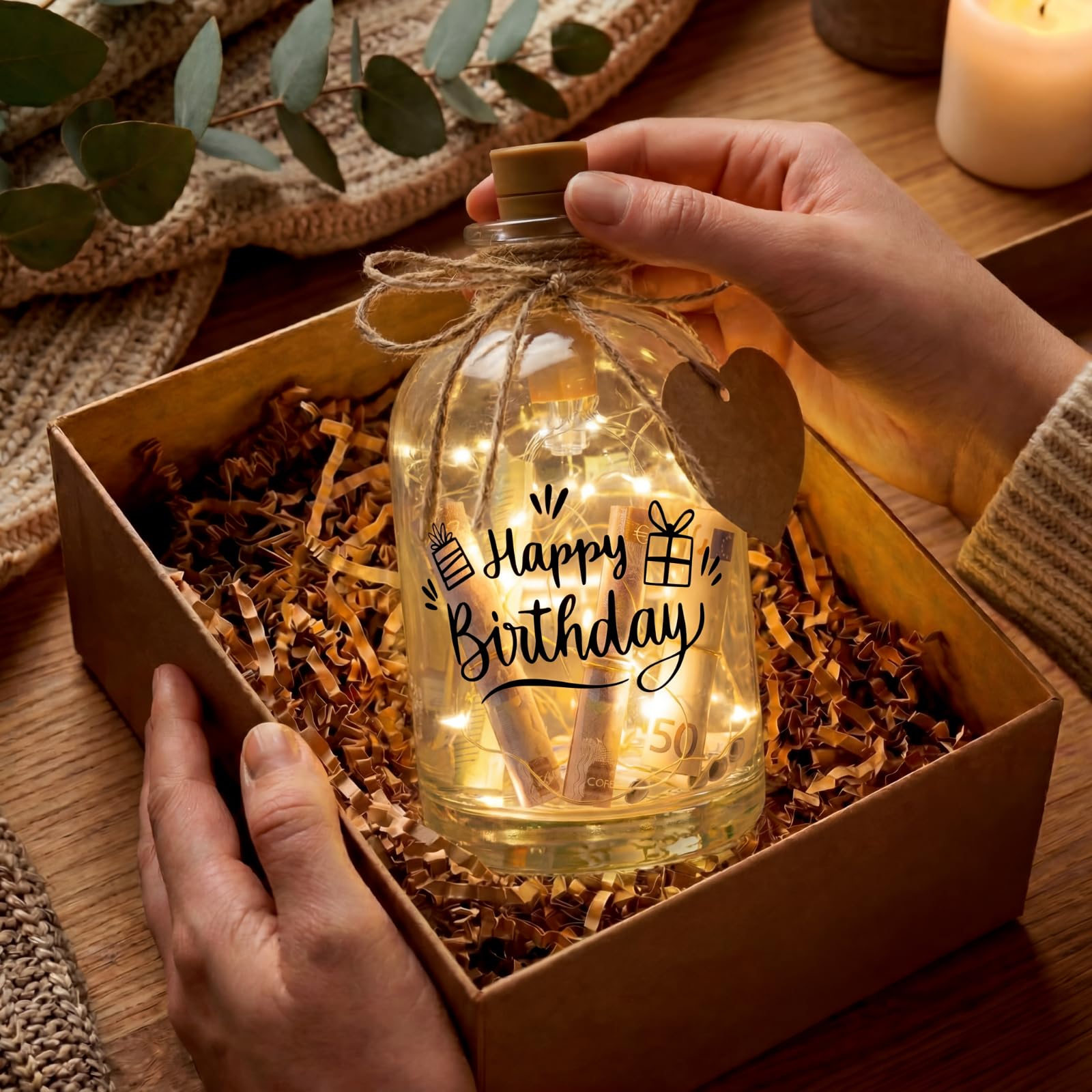 BBTO Compleanno di Regali in Denaro Luce LED Bottiglia con Scritta Bottiglia Decorativa Illuminata Bottiglia Salvadanai Regalo Confezione di Denaro per Compleanno Natale(Happy Birthday)