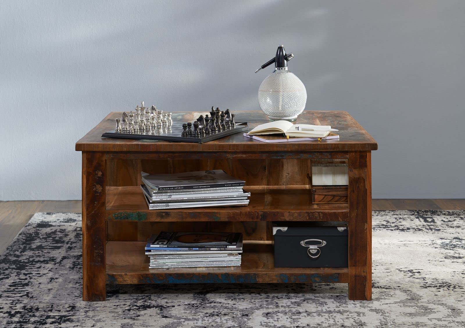 MASSIVMOEBEL24.DE Table Basse carrée 90x90cm - Bois Massif recyclé Multicolore laqué - Inspiration Ethnique - Nature of Spirit #105