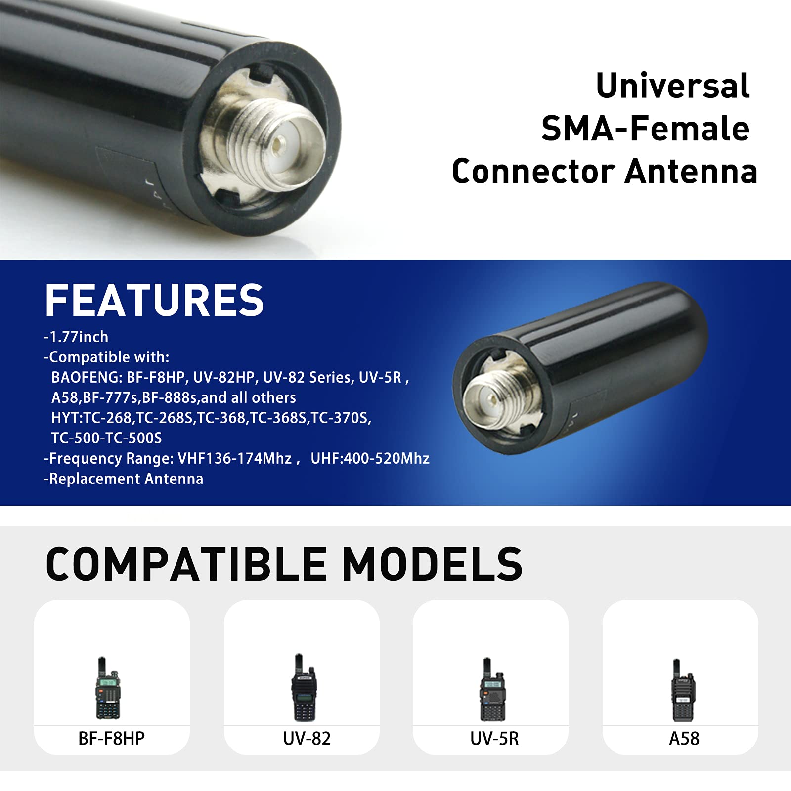 NA-805 Universal Walkie Talkie Short Antenna SMA-Female Replacement Antenna for PUXING Kenwood HYT UV5R Radios(2 Pack)