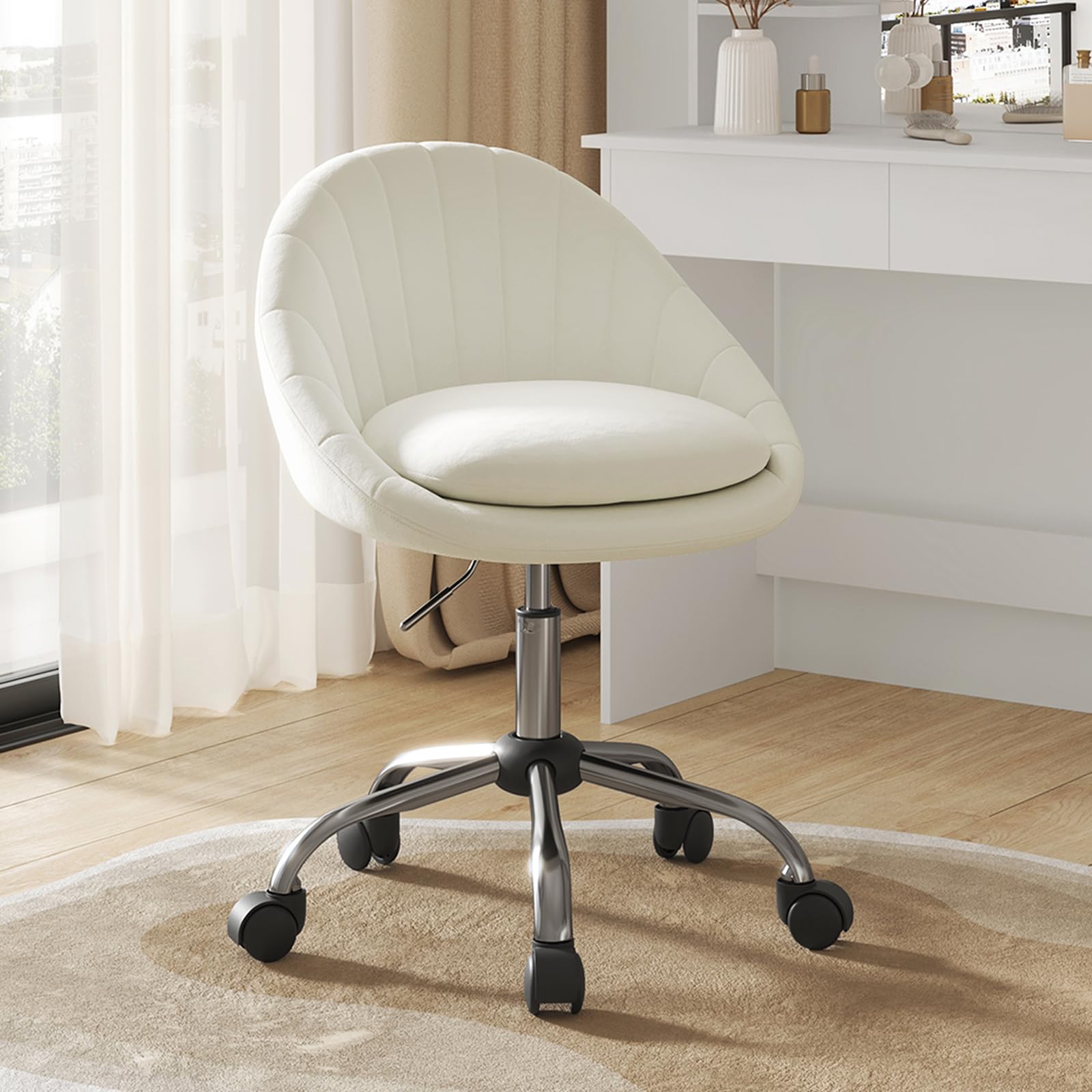 WOLTU Silla Escritorio, Silla Oficina Giratoria, con Respaldo Amplio, Base Metalica con Ruedas, Terciopelo, para Oficina Estudio y Salon, Crema, BS167cm