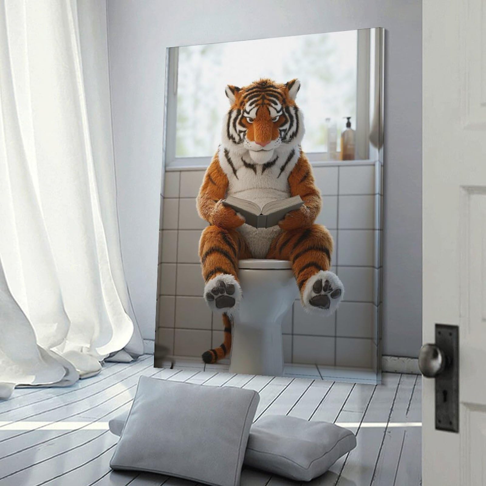 Junmoney Tiger Reading on A Toilet Decorative Wall Artwork, 20x30inch(50x75cm), for Work Areas, Reading Rooms Or Studios, Wall Art That Adds Style to Work Areas