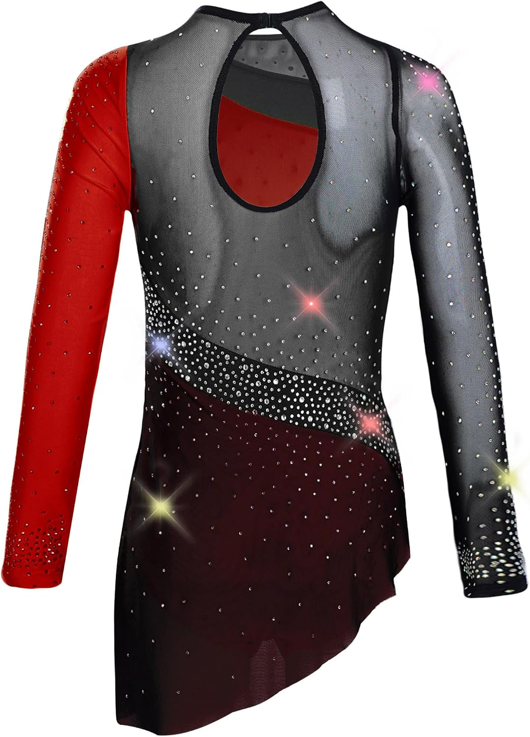 Girls Figure Skating Dress Long Sleeve Sparkly Rhinestone Ballet Gymnastics Leotard with Sheer Mesh Skirt