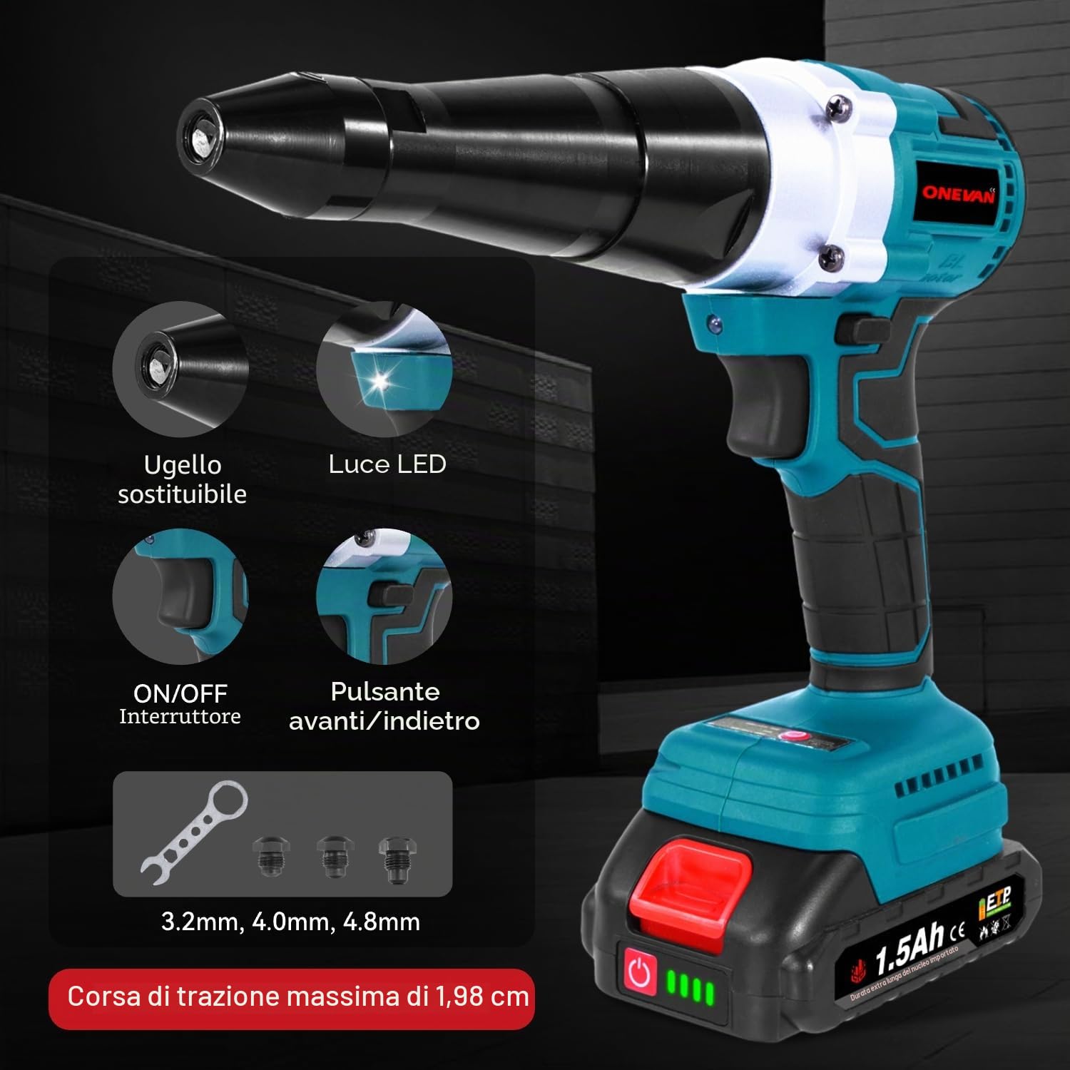ONEVAN Pinza per rivetti a batteria, corsa 20mm, 20000N, pistola senza spazzole, automatica, con 2 batterie e 4 guide (3,2/4,0/4,8mm) per rivetti da Ø2,4-5,0 mm