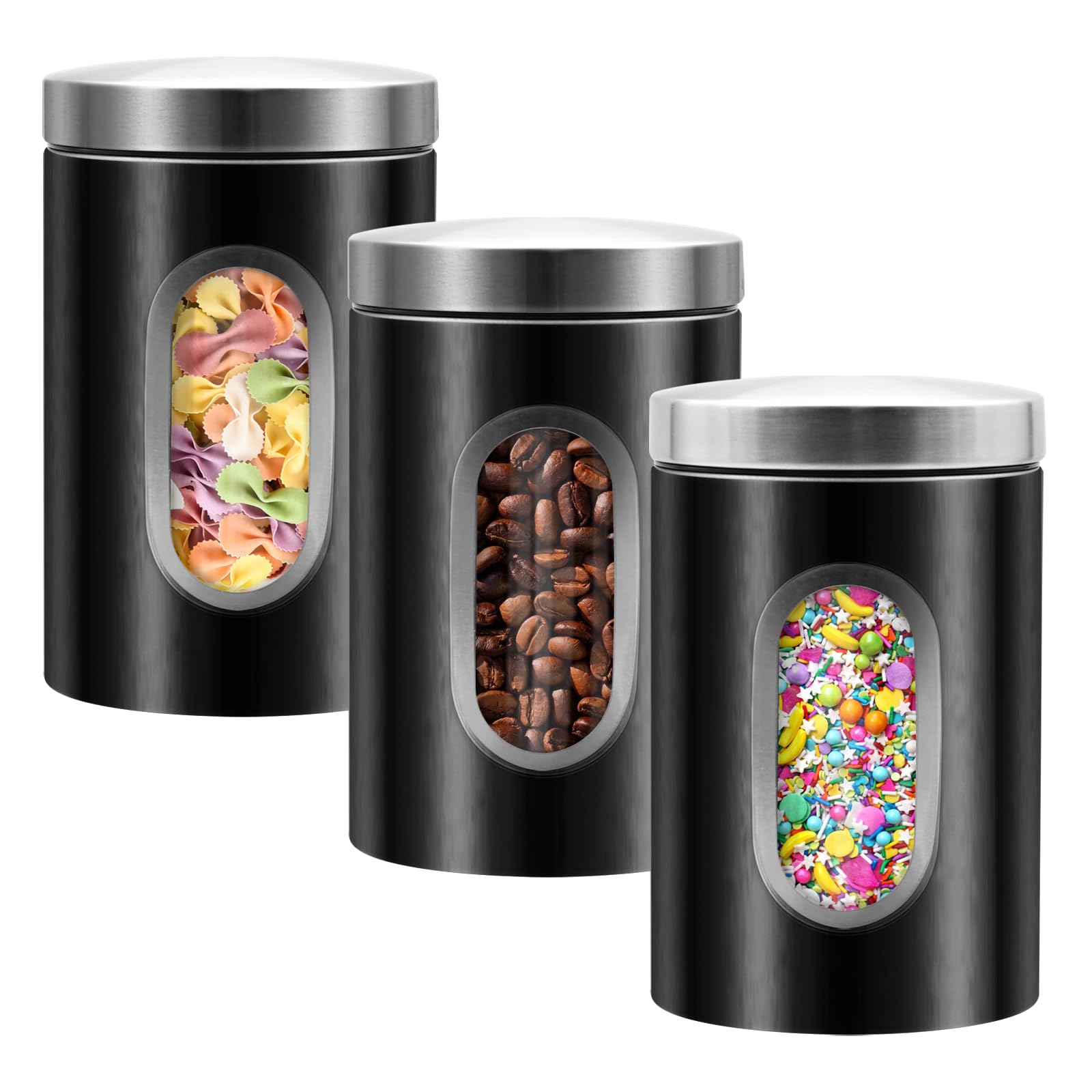 LYFJXX 3 Pieces Canisters Sets for the Kitchen, Stainless Steel Food Container Organizer with Transparent Window, Kitchen Counter Storage Jars for Coffee Tea Nuts Flour Sugar (Black)