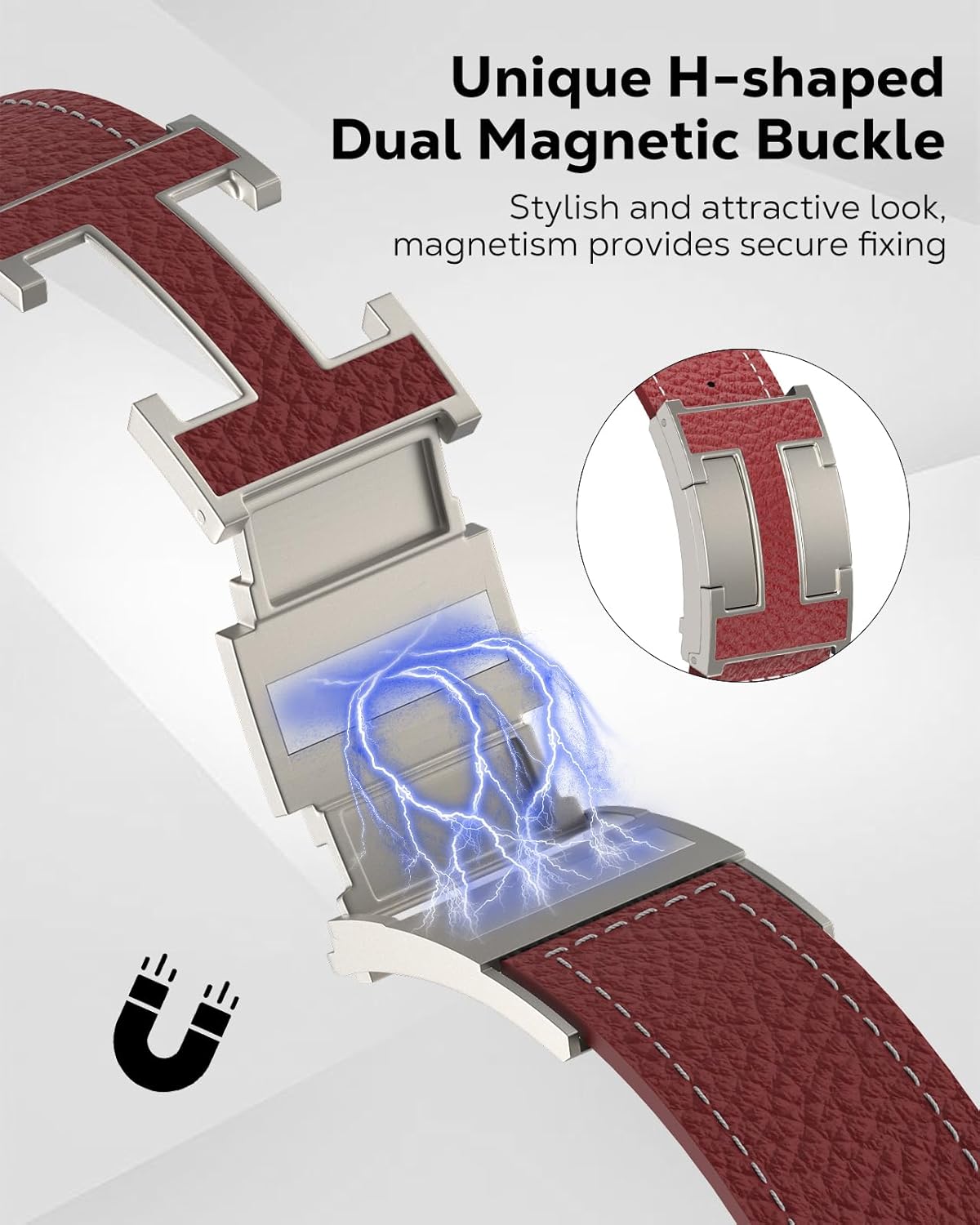 Magnetic Leather Band Compatible with Apple Watch Band Ultra3/2/1 49mm/Series 11/10/9/8/7/6/5/4/3/2/1/SE3/SE2/SE 46/45/44/42/41/40/38mm, Top Grain Leather Replacement Strap for Women Men - Image 4