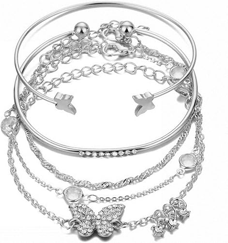 Caiyao - Juego de pulsera y brazalete de cadena de eslabones superpuestas en capas con mariposa y panal de abeja, clip de papel, strass, cuentas