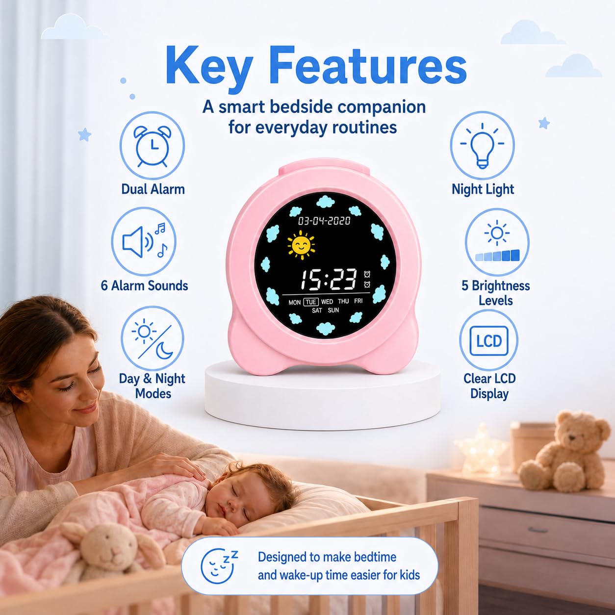 auvstar Sveglia Bambini,Sleep Trainer Clock,Sveglia Digitale per Bambini per l'allenamento del Sonno,Display 3.6 LCD con Modalità per Mattina e Notte, 6 Suoni di Allarme,Alimentato Tramite USB