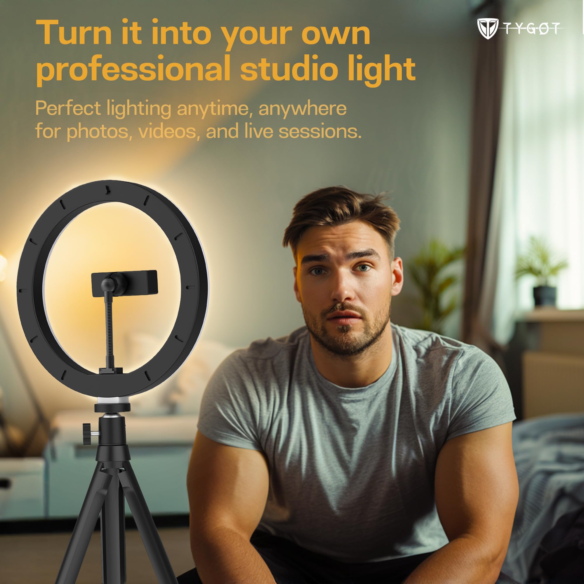 Tygot 12-Inch Ring Light with Adjustable Tripod Stand & Phone Holder, 3 Color Modes & 10 Brightness Levels, USB Powered LED Light for Makeup, YouTube, Photography, Zoom & Live Streaming — Amazon image 5