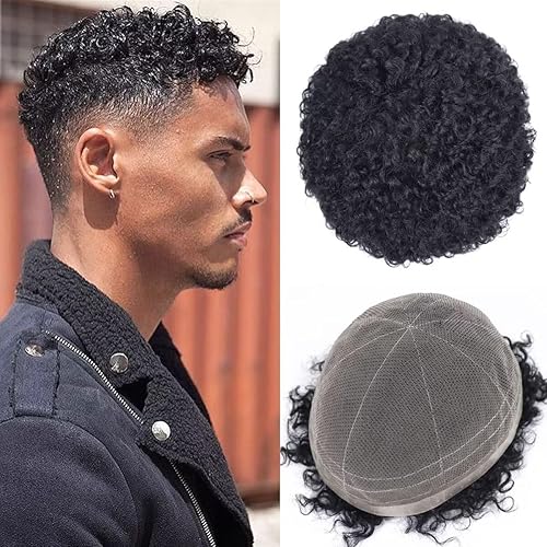 Miniatura 8 de 12MM hombre tejido unidad de pelo negro hombres afro rizado tupé completo poli piel pu hombre tupé sistema de cabello humano para hombres pieza de